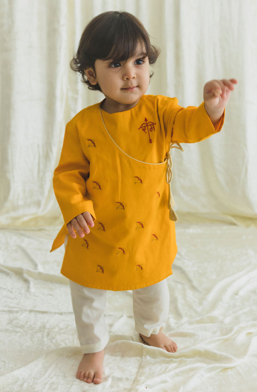Baby Boys Jai Shri Ram Kurta Pyjama Set - Traditional Indian Ethnic Wear Outfit for Festivals & Pooja Ceremonies - Yellow