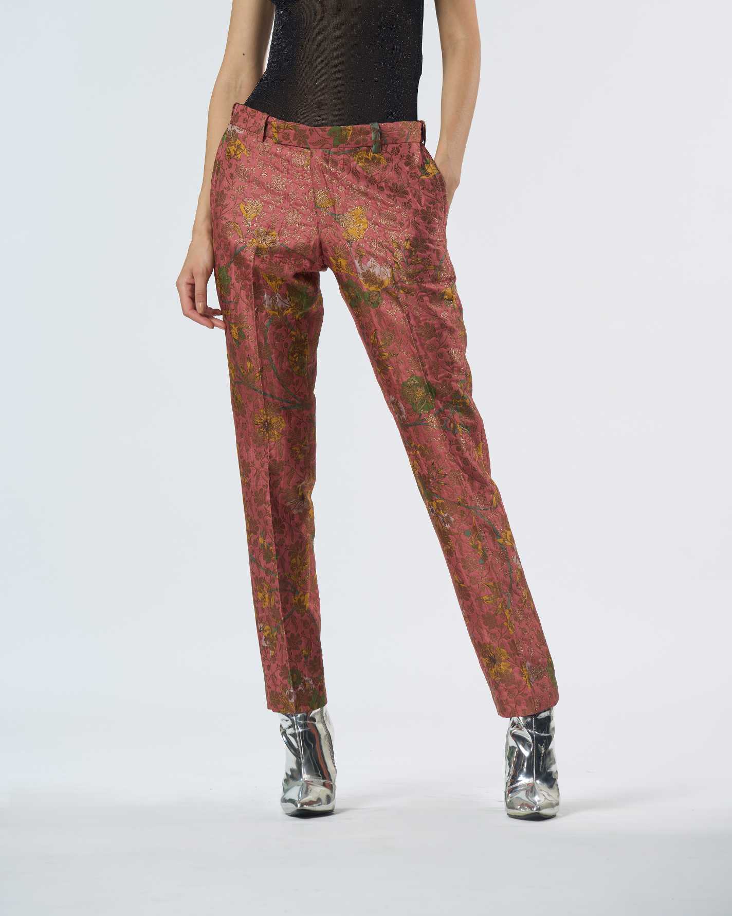 Elegant Silk Brocade Pants with Rose Pattern - Classic Women's Trousers for Formal Occasions & Evening Events