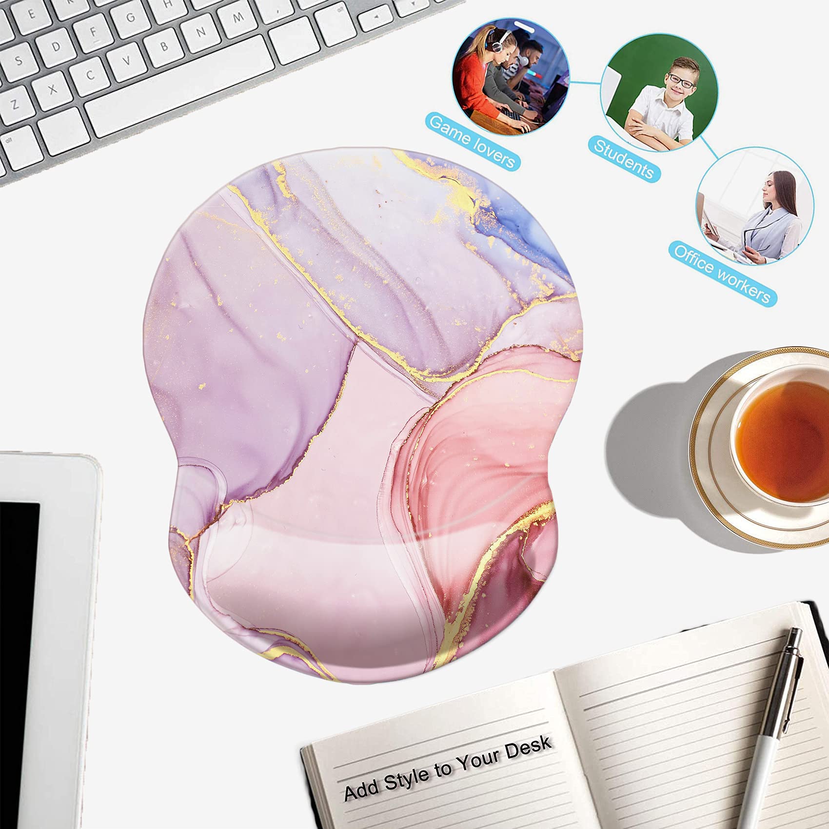Ergonomic Mouse Pad with Wrist Support - Non-Slip Desk Mat for Office, Computer, Laptop & Mac - Comfortable & Lightweight Gaming Mousepad (Pink Golden Marble) - Perfect for Long Work Hours & PC Gaming Sessions