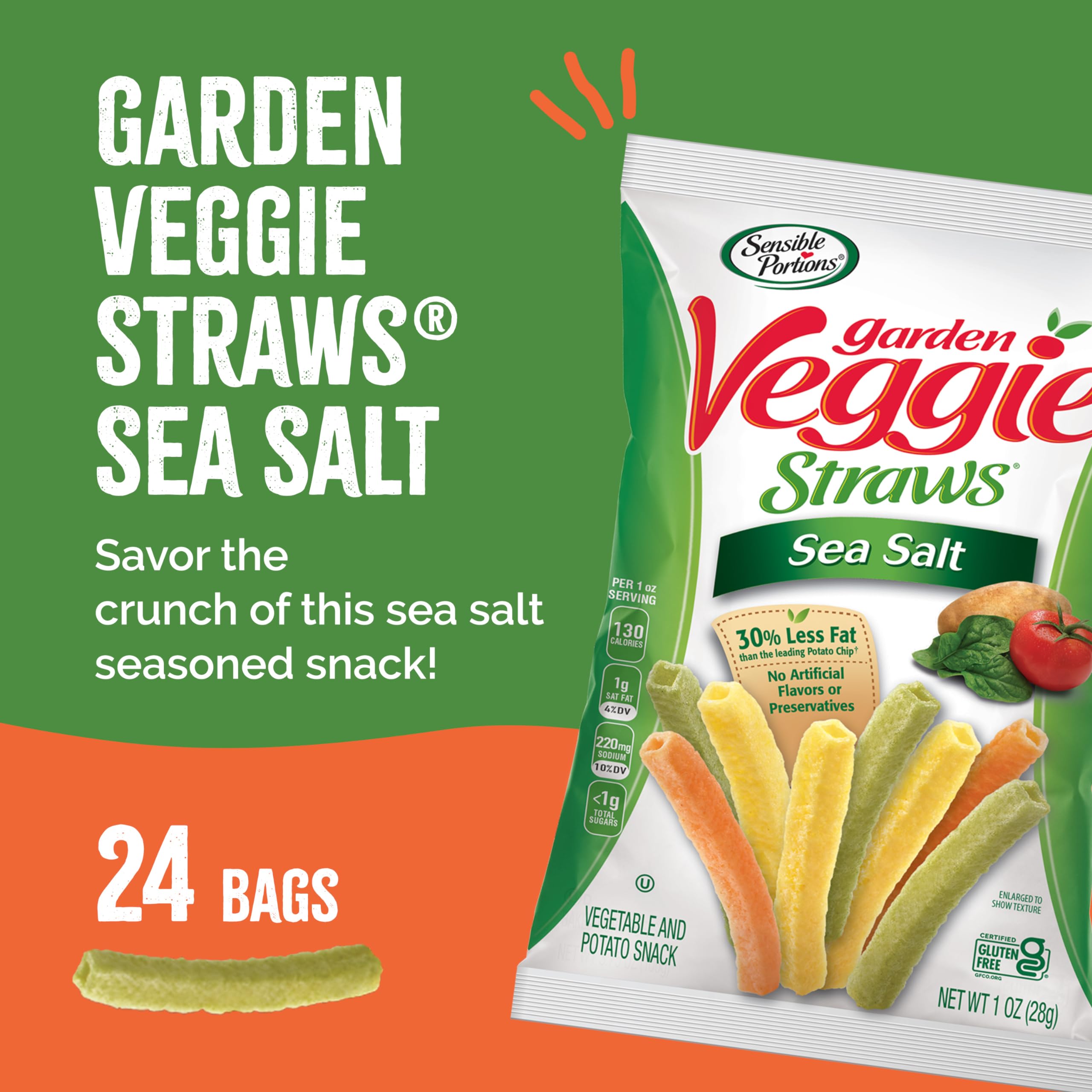 Sensible Portions Garden Veggie Straws - Sea Salt Snack Size (1 Oz, Pack of 24) | Healthy Vegan Gluten-Free Chips | Perfect for School Lunches, Parties & On-the-Go Snacking