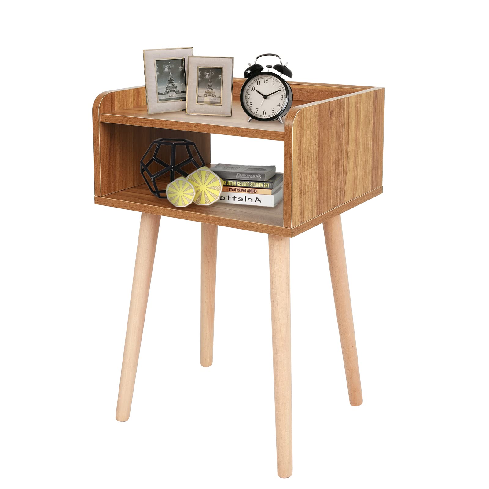 Midcentury Modern Nightstand with Solid Wood Legs - White Wood End Table with Open Storage Shelf - Small Bedside Table for Bedroom, Living Room, or Office - Brown Side Table for Home Decor