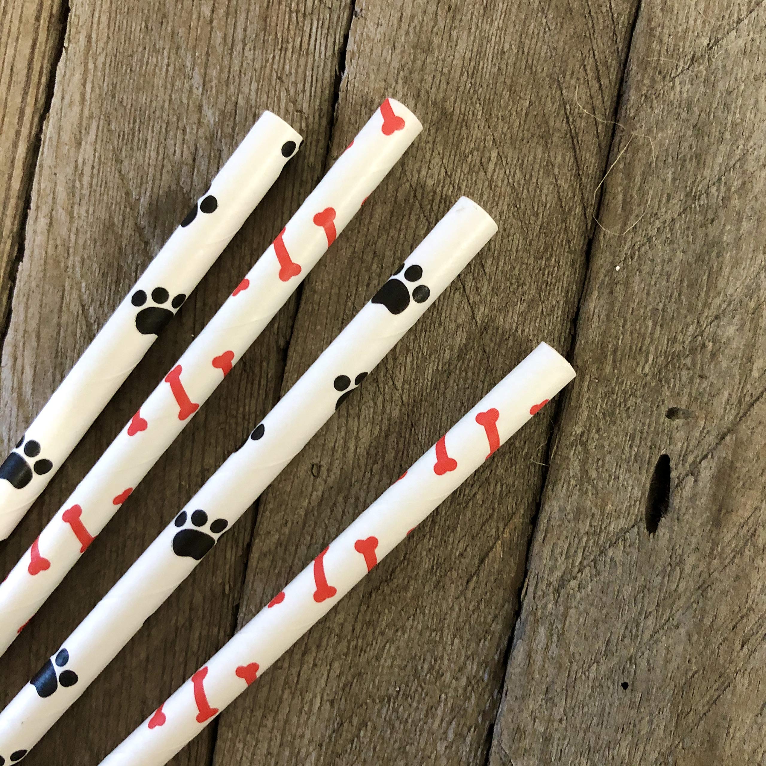 Dog Bone & Paw Print Paper Straws - 50 Pack for Pet Parties & Events