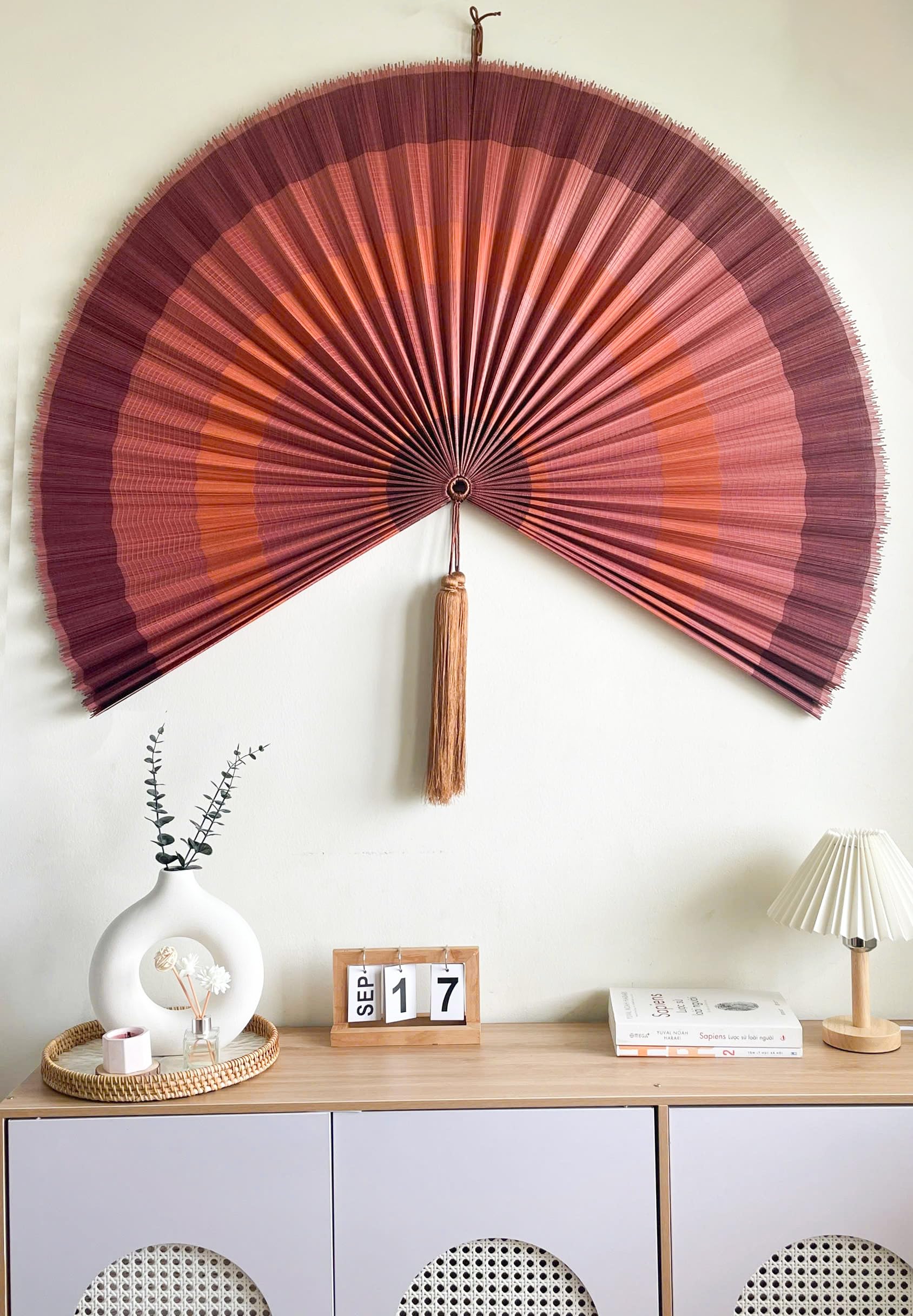 Large Japanese Bamboo Fan Wall Decor - 60 Inch Boho Hanging Headboard Art, Decorative Folding Fan for Over Bed Decor, Terracotta Wall Art for Living Room, Bedroom & Zen Home Decor