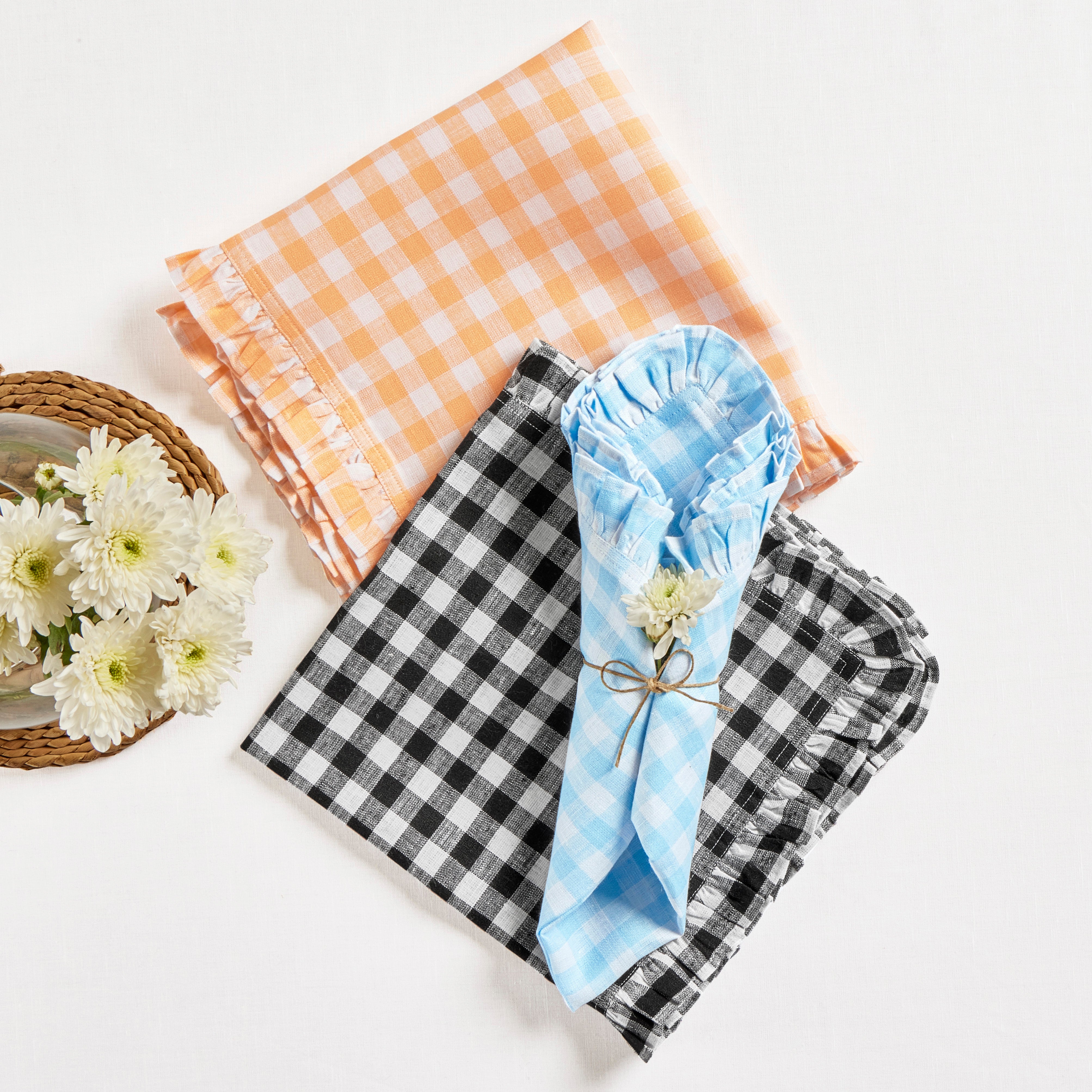Stylish Gingham Ruffle Napkins Set of 4 - Premium Cotton Table Linens for Dining, Parties & Home Decor