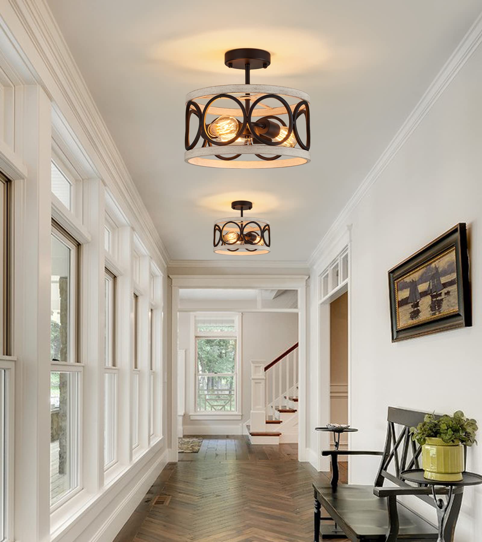 3-Lights Modern Farmhouse Ceiling Light Fixture - Black & White Birch Finish Round Metal Flush Mount Lighting - Perfect for Kitchen, Dining Room, Bedroom, Entryway & Corridors - Energy Efficient LED Compatible - Rustic Home Decor Lighting Solution