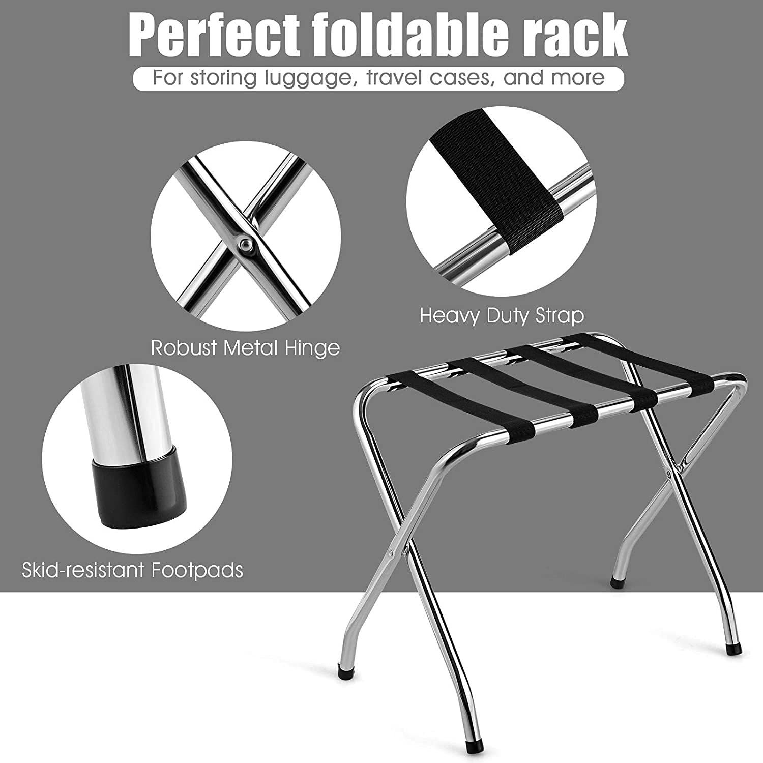 Chrome Folding Luggage Rack with Nylon Straps - No Assembly Required Metal Suitcase Stand for Bedroom, Guest Room & Hotel Use (2 Pack) - Perfect for Travel Storage & Space-Saving Organization