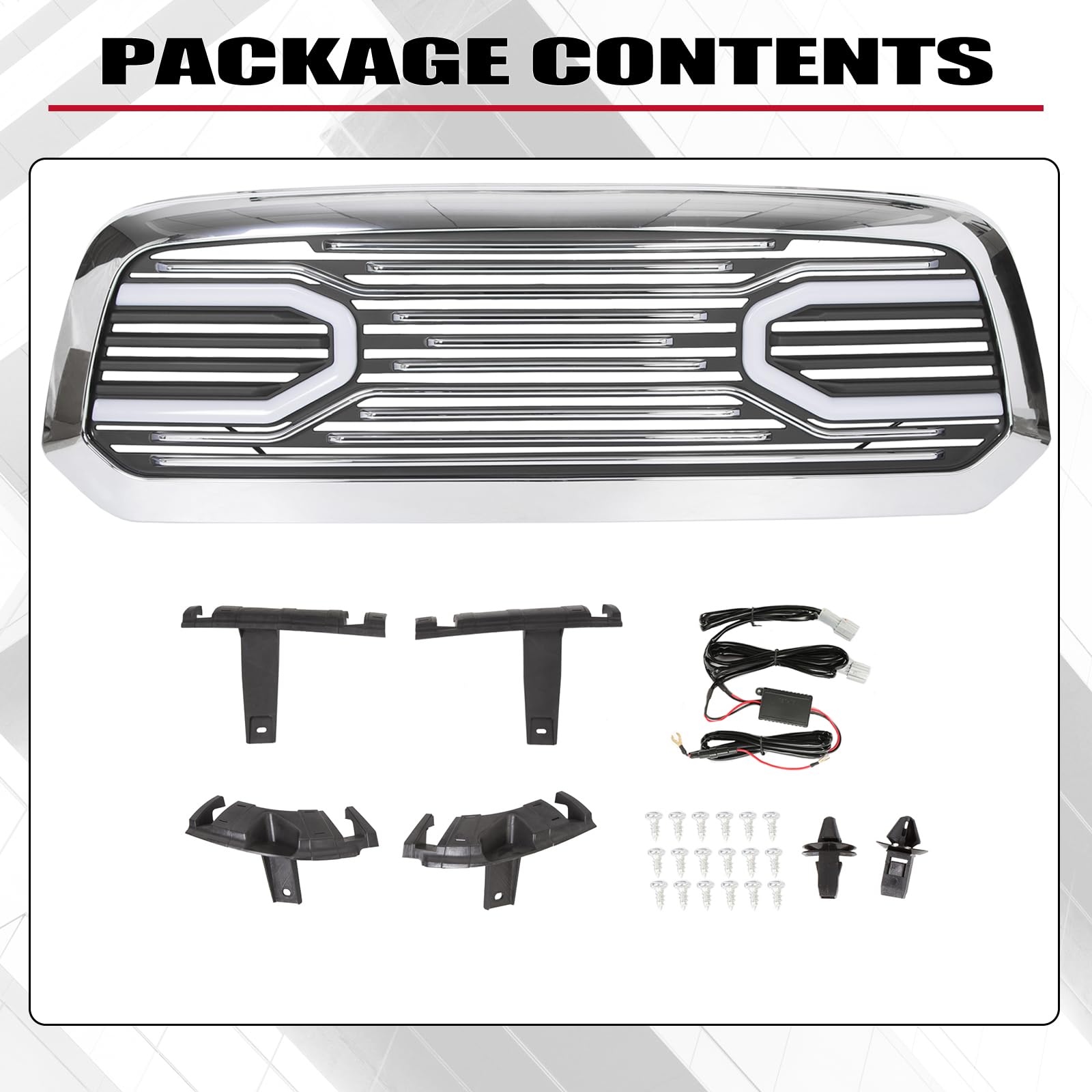 HECASA Chrome Front Big Horn Grille Replacement Shell Compatible with 2013-2018 Dodge RAM 1500 (With Light) - Upgrade Your Truck's Style for Off-Roading & Show Car Events