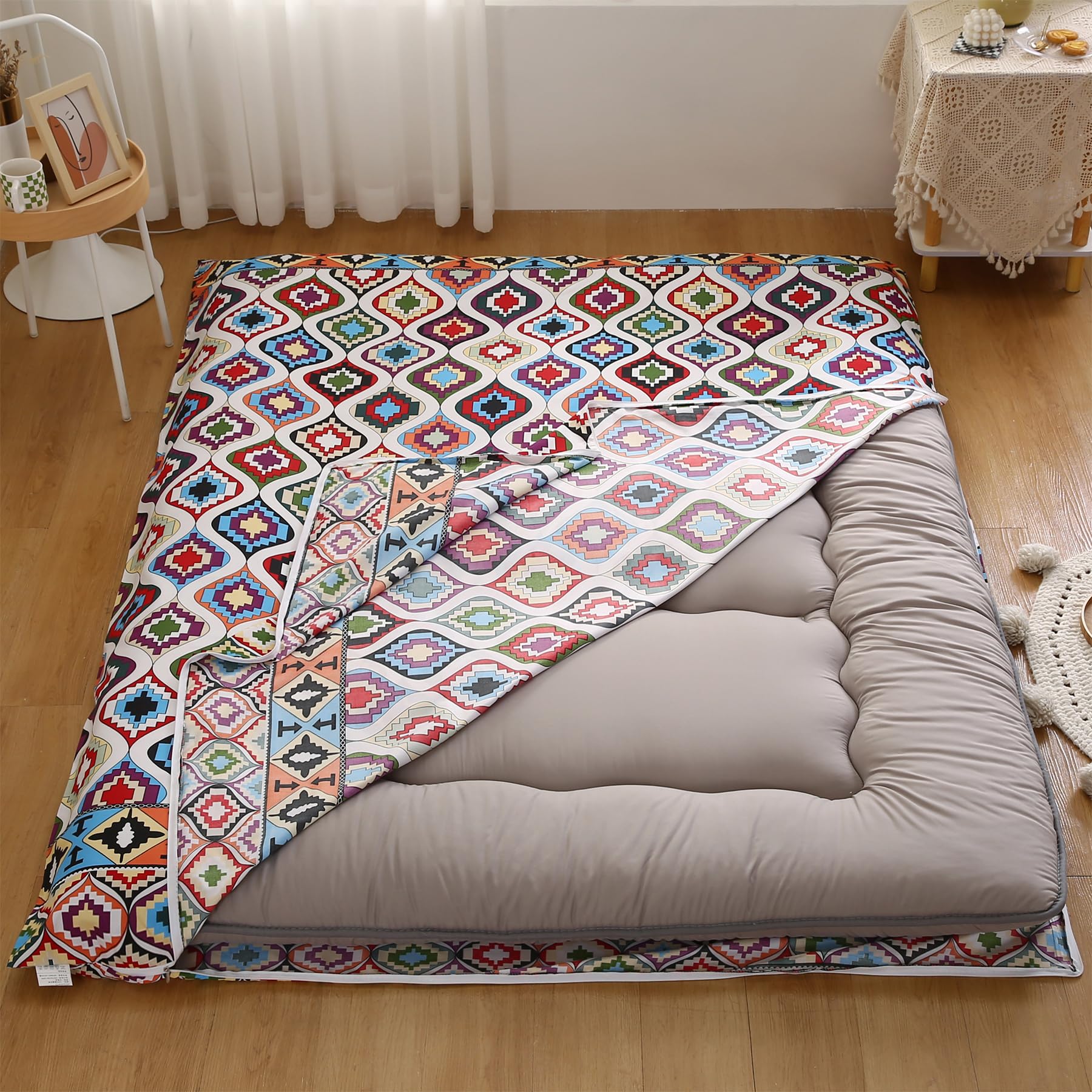 Japanese Futon Mattress Cover 100% Cotton Washable with Zipper - Twin Size, Soft Skin-Friendly & Anti-Shrinking Tartan Design - Perfect for Tatami, Guest Beds, Dorm Rooms & Small Spaces