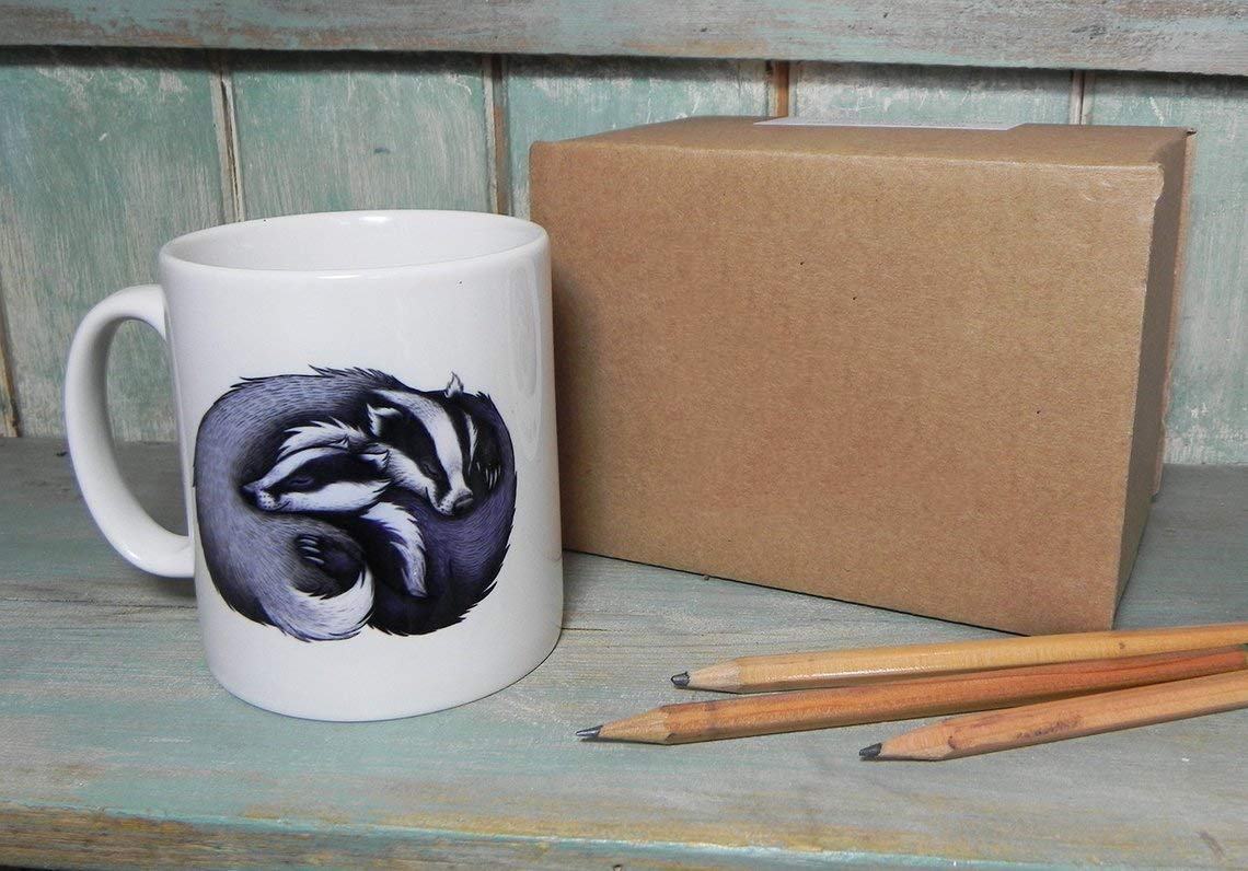 Badger Cuddle Coffee Mug - Christmas Gift for Her/Him - Animal Illustration Ceramic Cup for Tea & Coffee Lovers