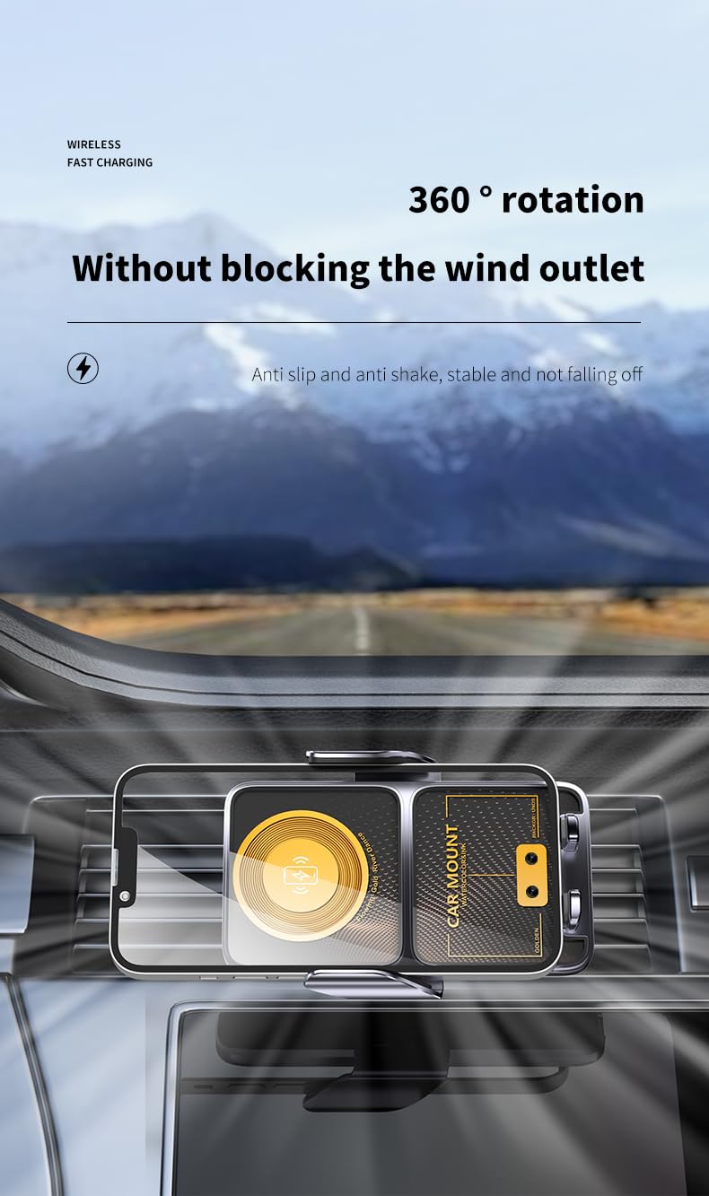 15W Qi Fast Wireless Car Charger with Auto Clamping - Compatible with iPhone 15/14/13/12, Samsung Galaxy S23/S22/S21 - Secure Phone Mount for Car Dashboard & Vent - Perfect for Road Trips & Daily Commutes