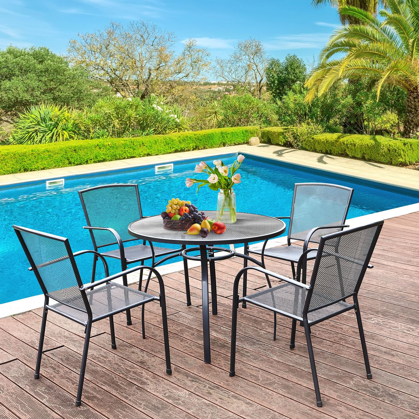 U-MAX 5-Piece Metal Outdoor Dining Set - Round Patio Table with Umbrella Hole & 4 Stackable Chairs for Garden, Deck, Bistro - Perfect for Backyard BBQs, Poolside Gatherings & Outdoor Entertaining