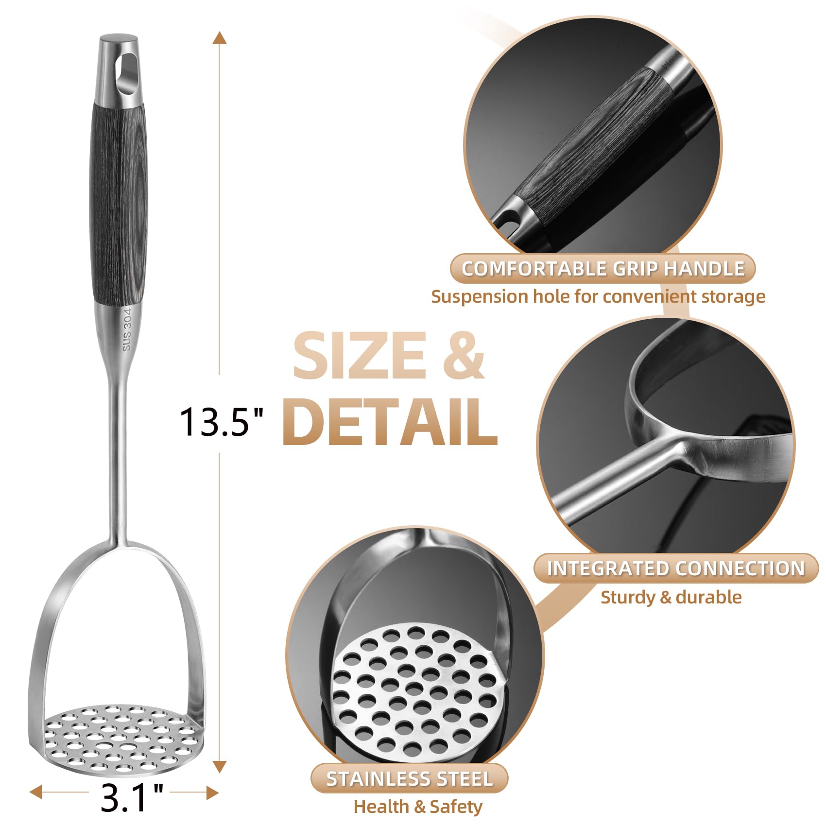 Premium Stainless Steel Potato Masher with Wooden Handle - Heavy Duty Kitchen Tool for Mashing Potatoes, Avocados & Vegetables - 13.5 Inch Long Handle for Easy Use - Perfect for Home Cooking, Meal Prep & Restaurant Kitchens