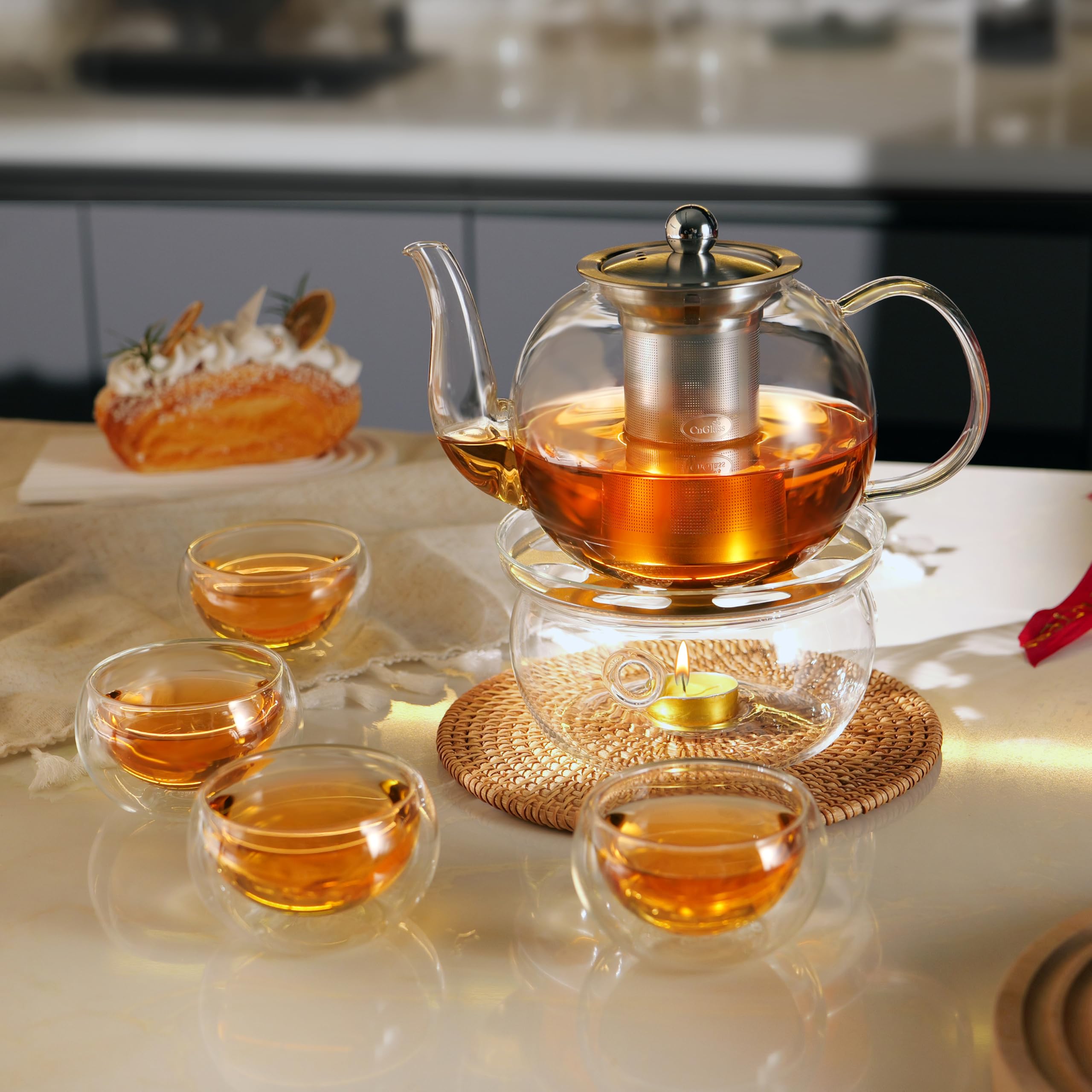 CNGLASS 900ml Glass Teapot with Removable Infuser - Clear Stovetop Safe Tea Kettle for Blooming & Loose Leaf Tea - Perfect for Home, Office & Gift Giving