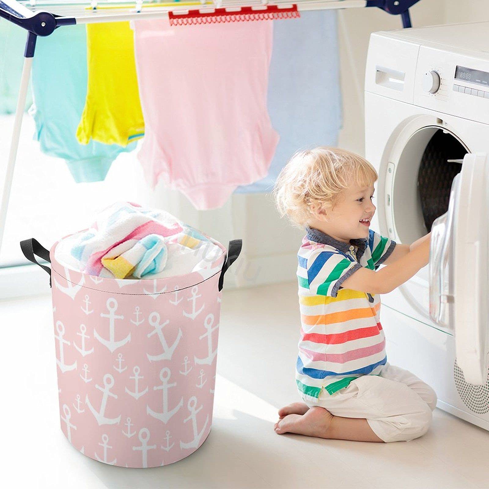 Collapsible Nautical Laundry Basket with Handle - Pink & White Anchor Design for Bedroom, Nursery, Kids