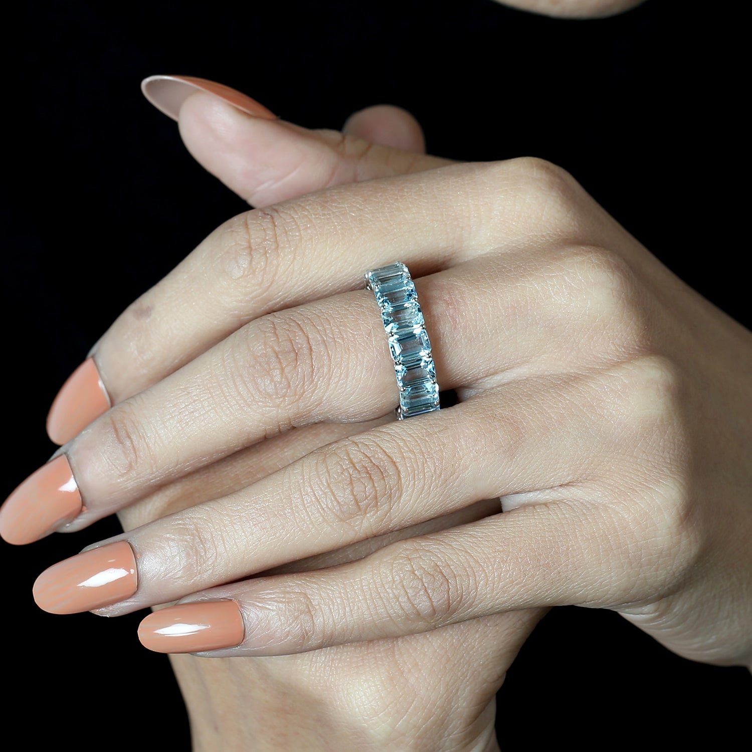 18K White Gold Emerald Cut Aquamarine Full Eternity Band Ring - Perfect for Weddings, Anniversaries & Special Occasions