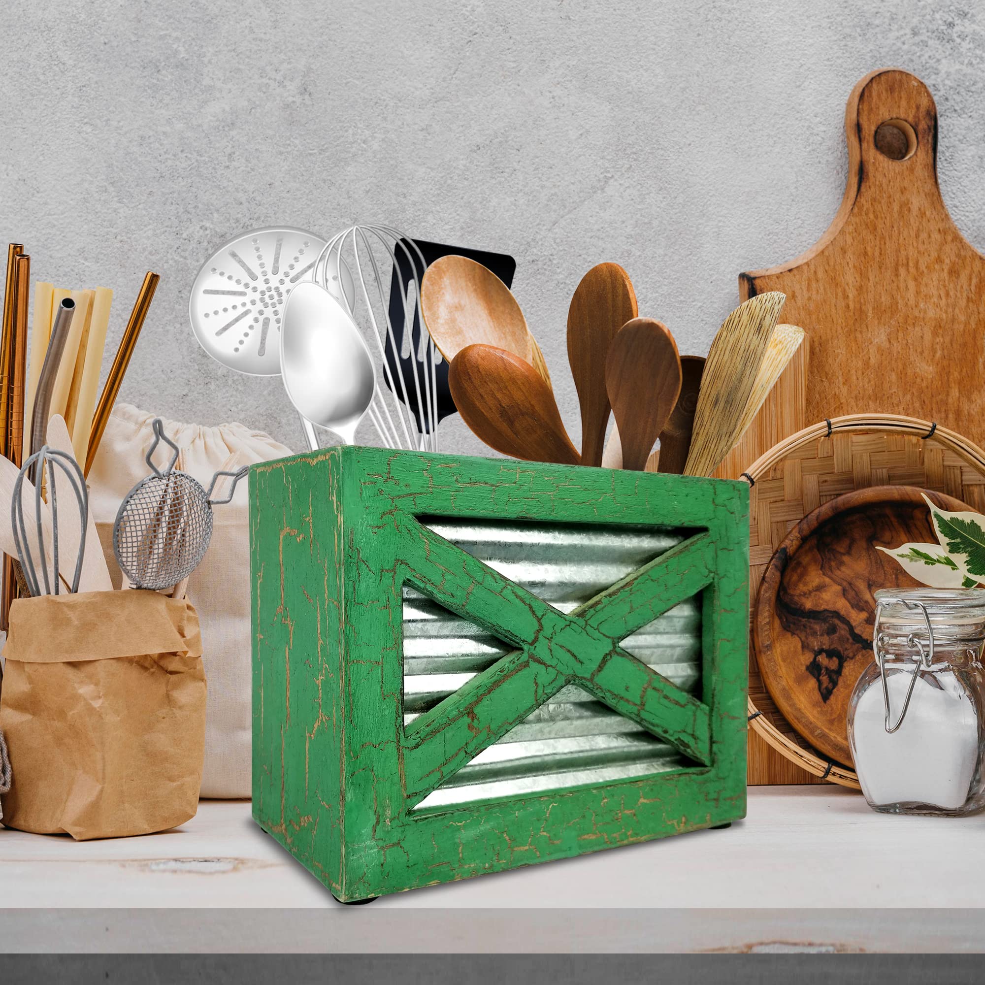 Rustic Wooden Utensil Holder - Farmhouse Kitchen Countertop Organizer for Spoons & Cooking Tools | Eco-Friendly Green Home Decor for Country Style Kitchens