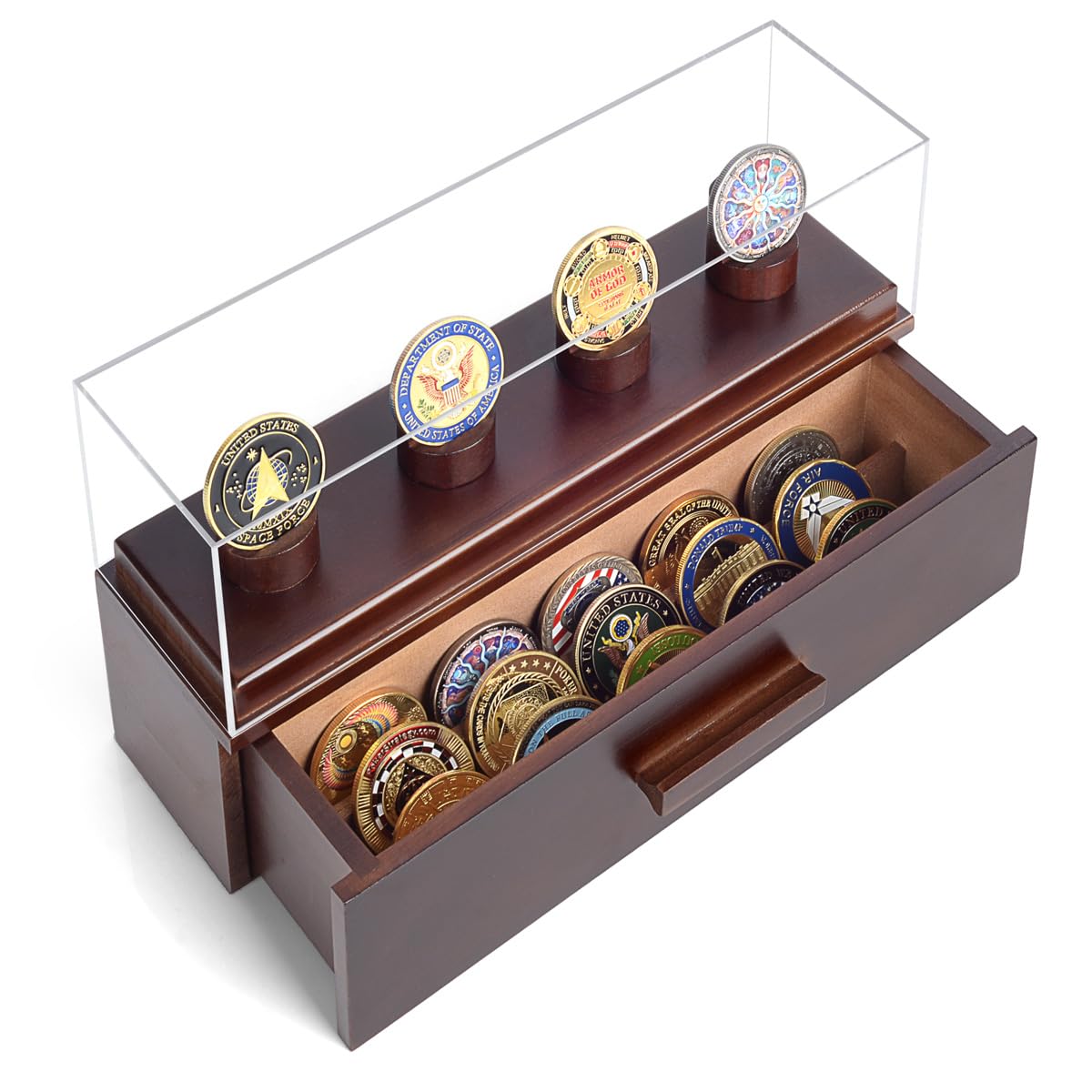 Military Challenge Coin Display Case - Wooden Coin Collection Holder with Drawers & Clear Acrylic Lid - Perfect Gift for Coin Collectors (4 Pillars) - Ideal for Home Office, Military Memorabilia Display, and Collector Showcase