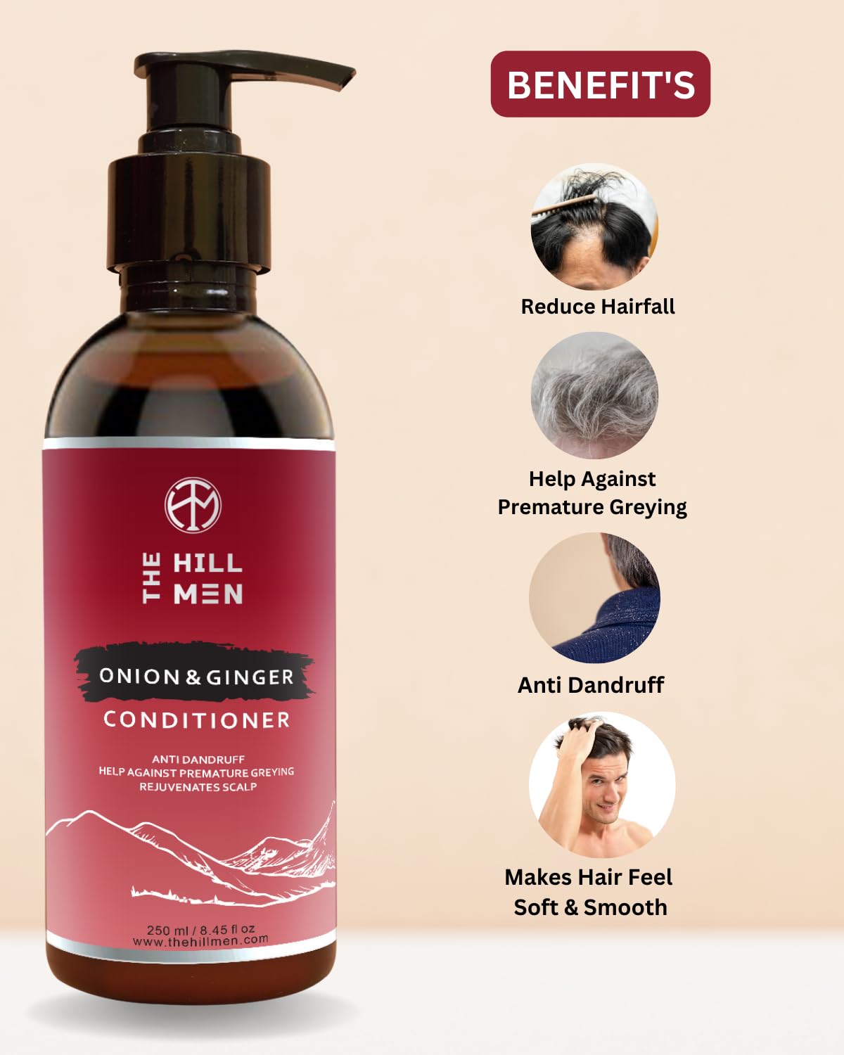 The Hill Men Onion & Ginger Hair Conditioner – Sulfate & Paraben Free, 250ml | Natural Hair Growth Treatment for Men | Frizz Control, Smoothing & Shine Booster | Strengthens & Repairs Damaged Hair | Alcohol-Free & Chemical-Free Formula | Ideal for Daily Use & Dry/Damaged Hair Care