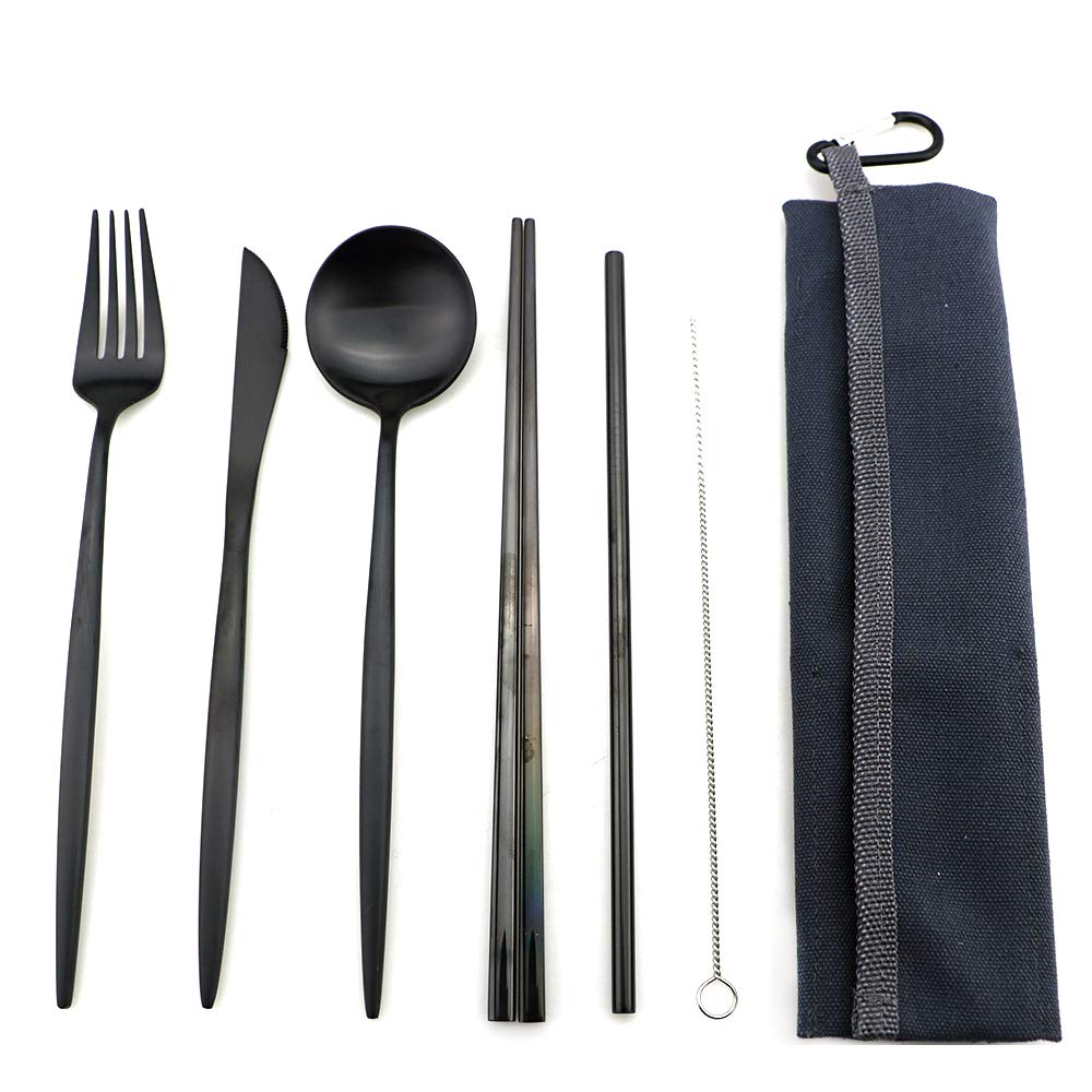 Premium Titanium-Coated 7-Piece Travel Cutlery Set - Durable 18/10 Stainless Steel Camping Flatware with Cotton Pouch - Compact Silverware for Outdoor Adventures, Picnics, Hiking & Work Lunch