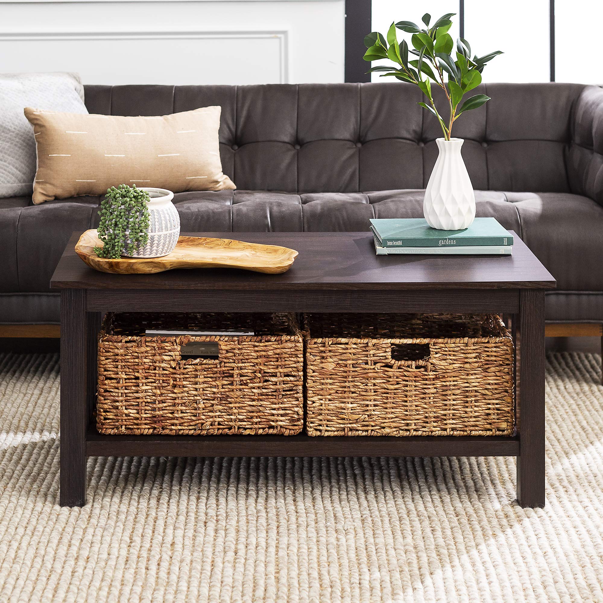 Walker Edison Alayna Mission Style Two-Tier Coffee Table with Rattan Storage Baskets - 40 Inch Espresso Finish - Perfect for Living Room, Lounge & Home Decor