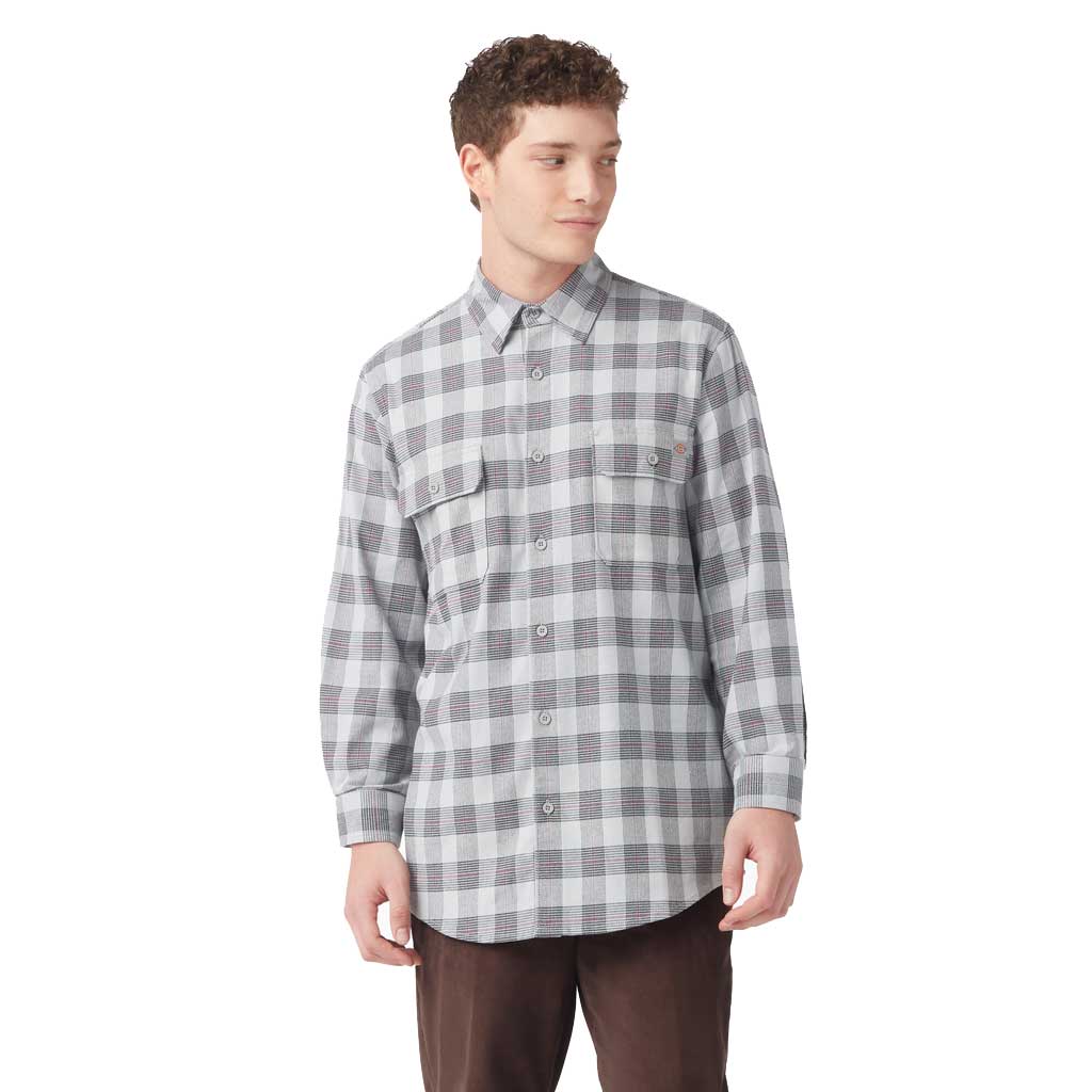 Dickies Regular Fit Flex Flannel Shirt for Men - Grey/Black Plaid Work Shirt - Comfortable & Durable for Outdoor Work, Camping & Casual Wear