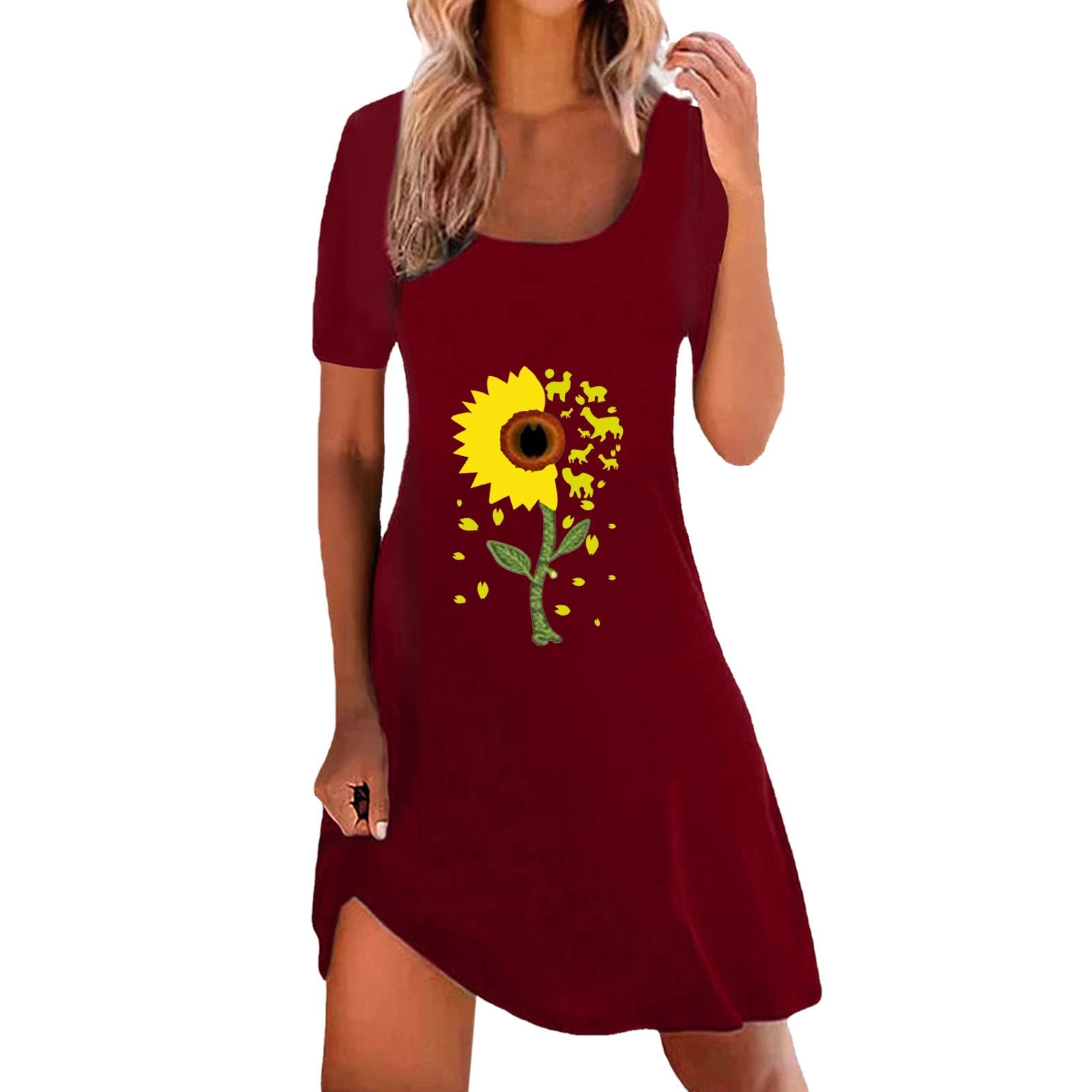 Women's Summer Dress - Round Neck Short Sleeve Sunflower Print Casual Elegant Loose Slip Midi Dress | Perfect for Beach Vacation, Date Night & Summer Parties