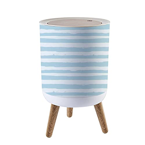Small Trash Can with Lid - Seamless Hand-Drawn Striped Geometric Design, Blue Ink Brush Pattern Wood Waste Bin with Press Cover - Perfect Round Wastebasket for Bathroom, Bedroom, Diaper, Office & Kitchen - Ideal for Home Decor and Waste Management