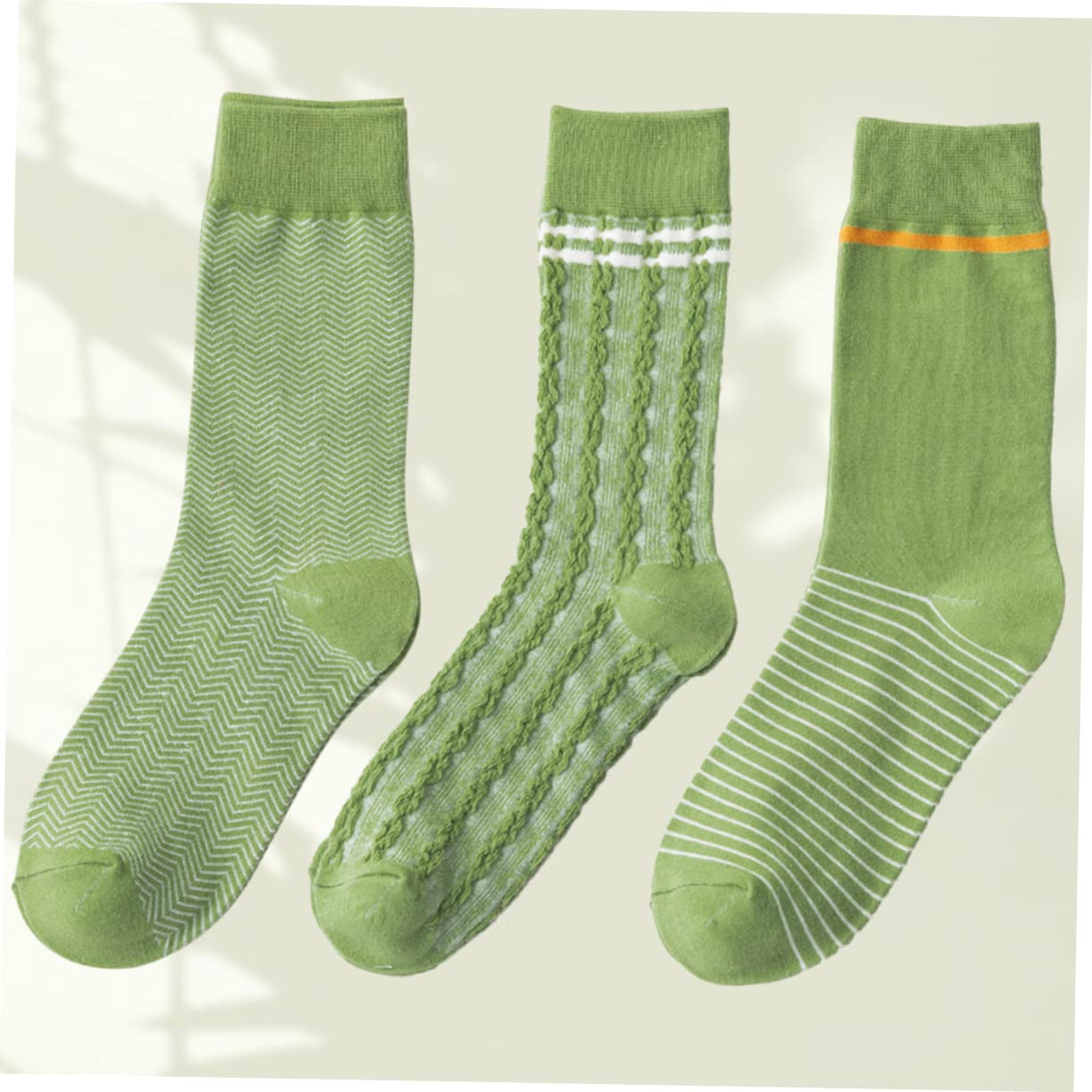 LIFKOME Women's Mid Crew Cotton Socks - Green Stripe Pattern, Comfortable Tube Stockings for Casual Wear, Running, and Everyday Use