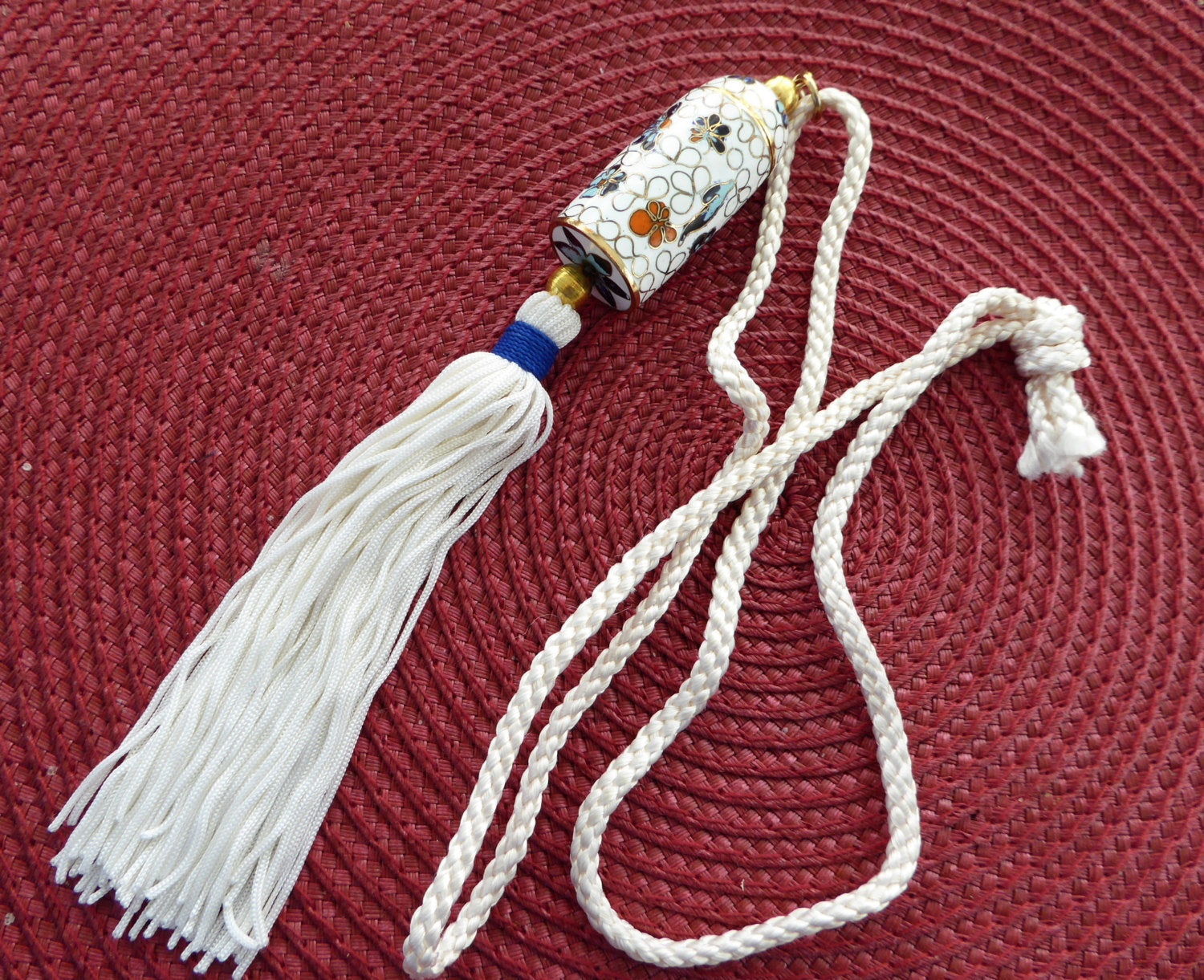 Vintage 70s Cylinder Necklace - Cloisonne Enamel Pendant with Long White Silk Cord | Boho Jewelry for Women, Gift Idea for Her, Perfect for Parties & Special Occasions
