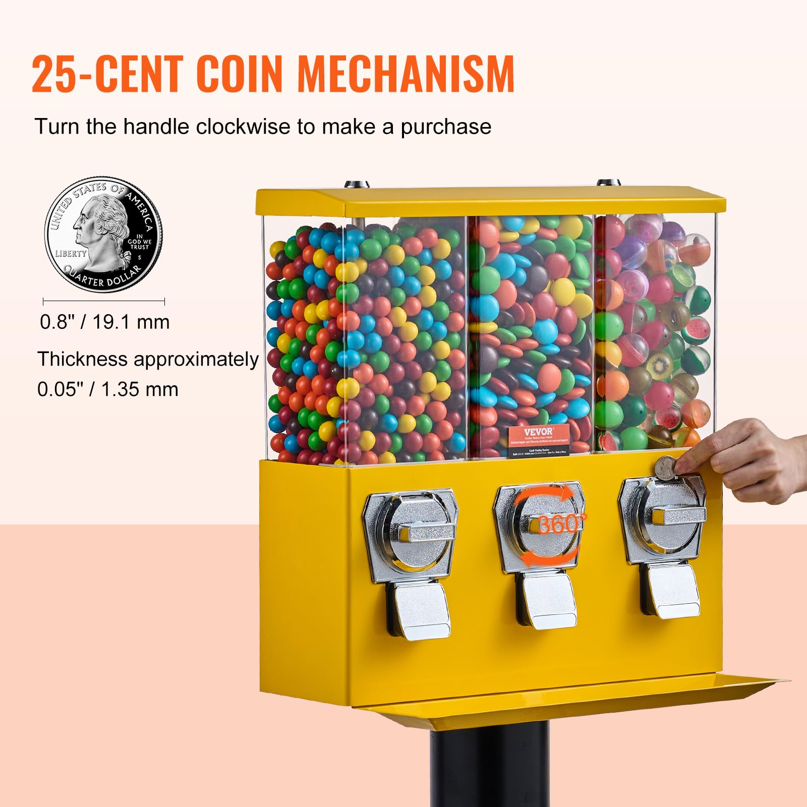 VBENLEM Triple Head Candy Vending Machine - 1 Inch Gumball Dispenser with Adjustable Outlet & Stand | Commercial & Home Use for Arcades, Parties, Retail Stores, and Family Fun