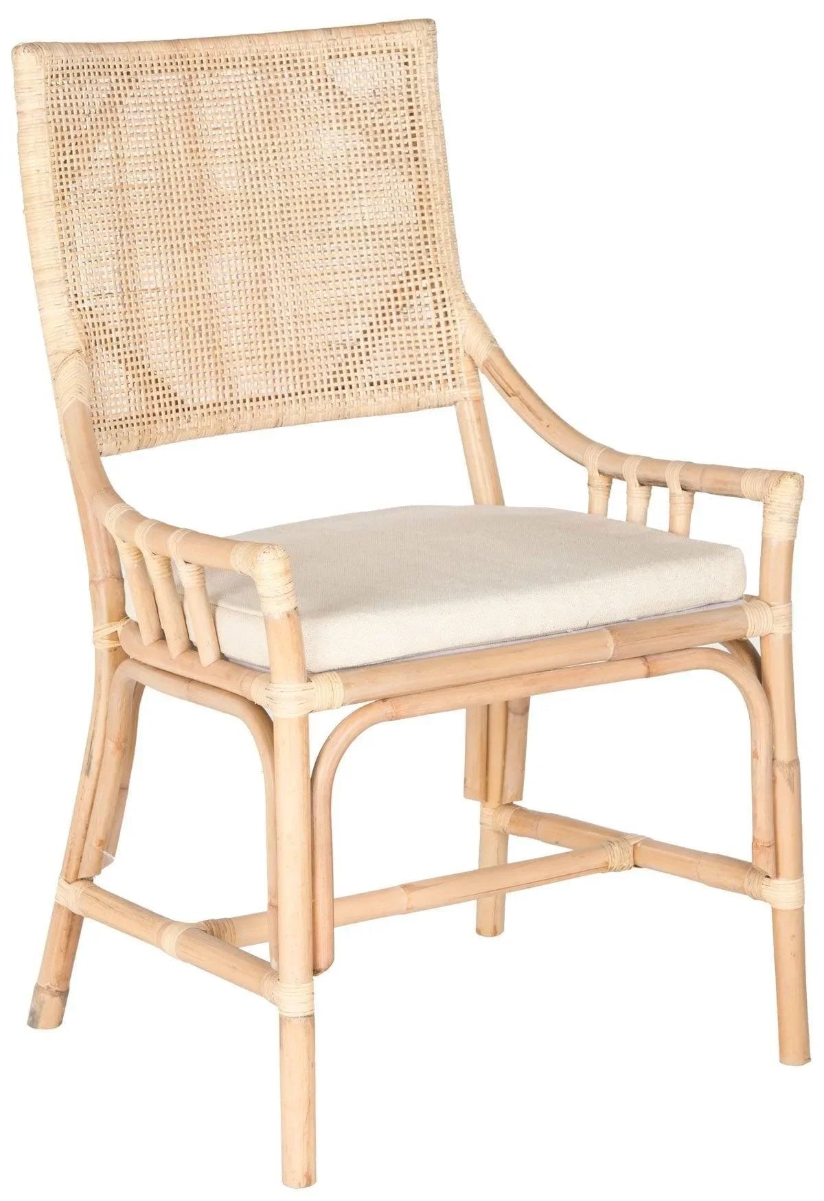 Natural White Wash Rattan Armchair with Cushion - Coastal & Boho Style Accent Chair for Patio, Living Room, or Bedroom Decor