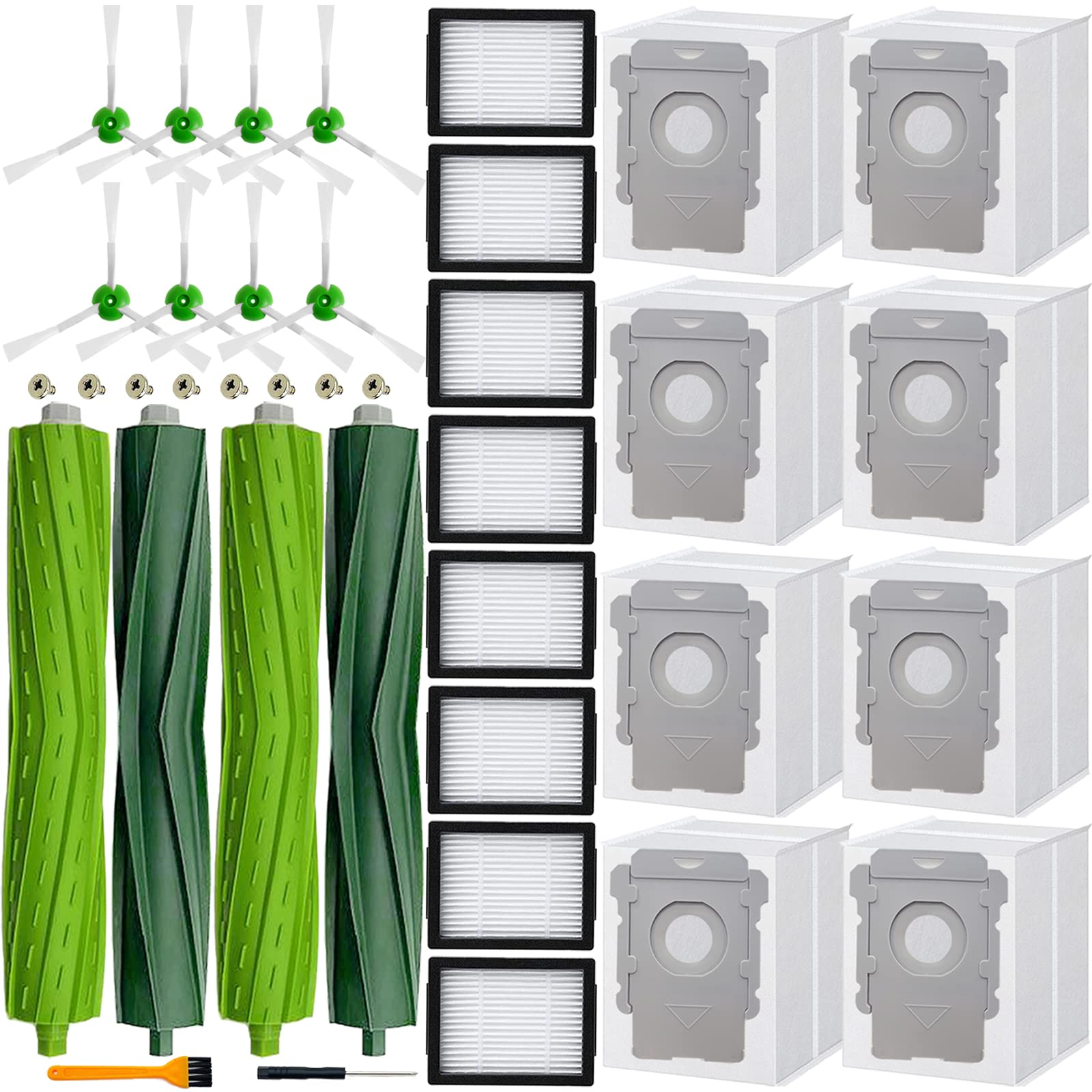 26 Pack Replacement Parts for iRobot Roomba i3 i3+ i4 i6 i6+ i7 i7+ E5 E6 E7 j7 I & E j Series - 2 Rubber Brushes, 8 Filters, 8 Side Brushes, 8 Bags - Compatible with Roomba Robot Vacuum Cleaners - Perfect for Home Cleaning & Maintenance