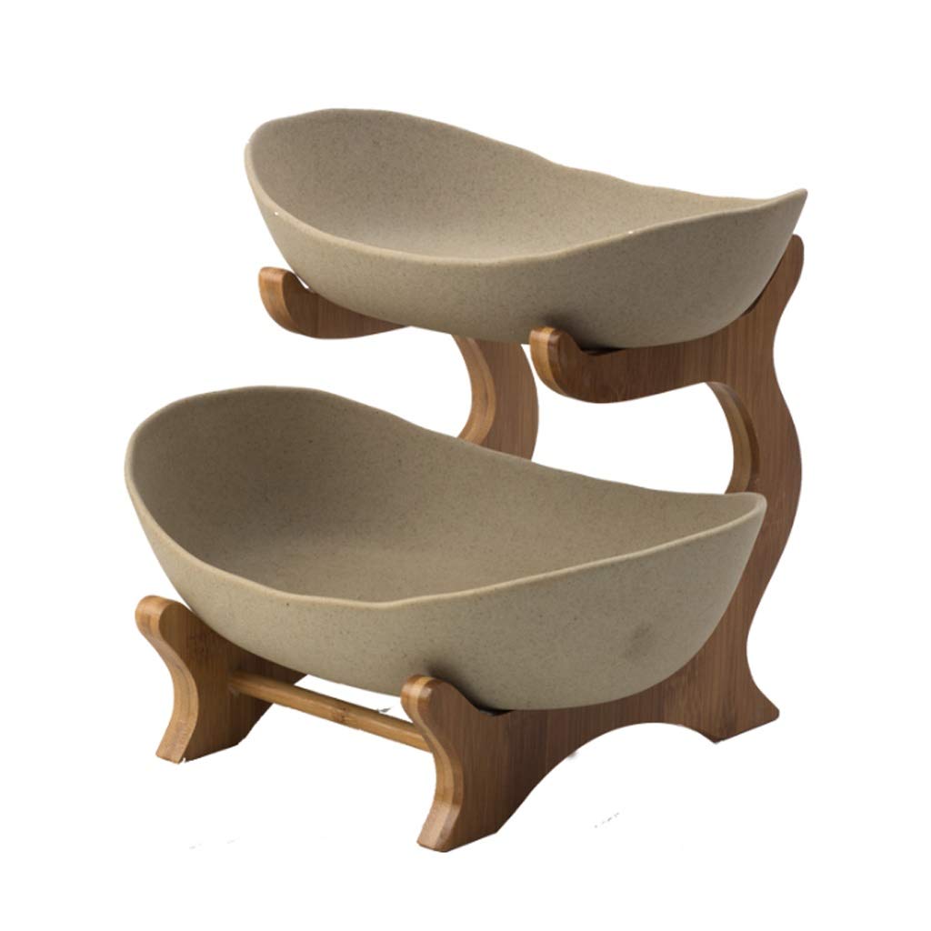2-Tier Ceramic Fruit Basket with Bamboo Stand - Elegant Display for Fruits, Snacks, Desserts & Candy - Perfect for Kitchen Counter, Dining Table & Living Room Home Decor