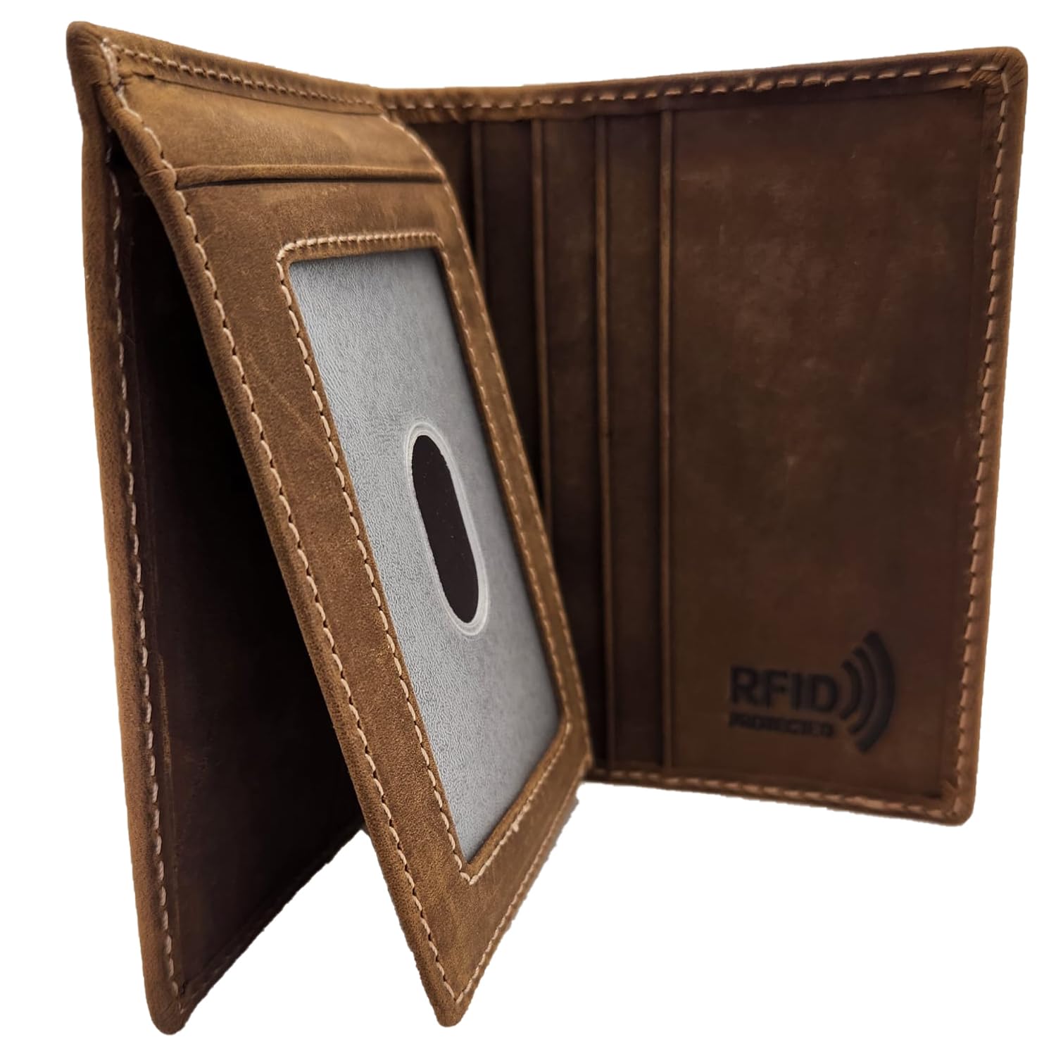 RFID Blocking Slim Leather Wallet for Men - L-Fold Bifold/Trifold Design with Card Window & ID Holder (J700LF, Rustic Brown) - Perfect for Everyday Carry, Travel & Business Use