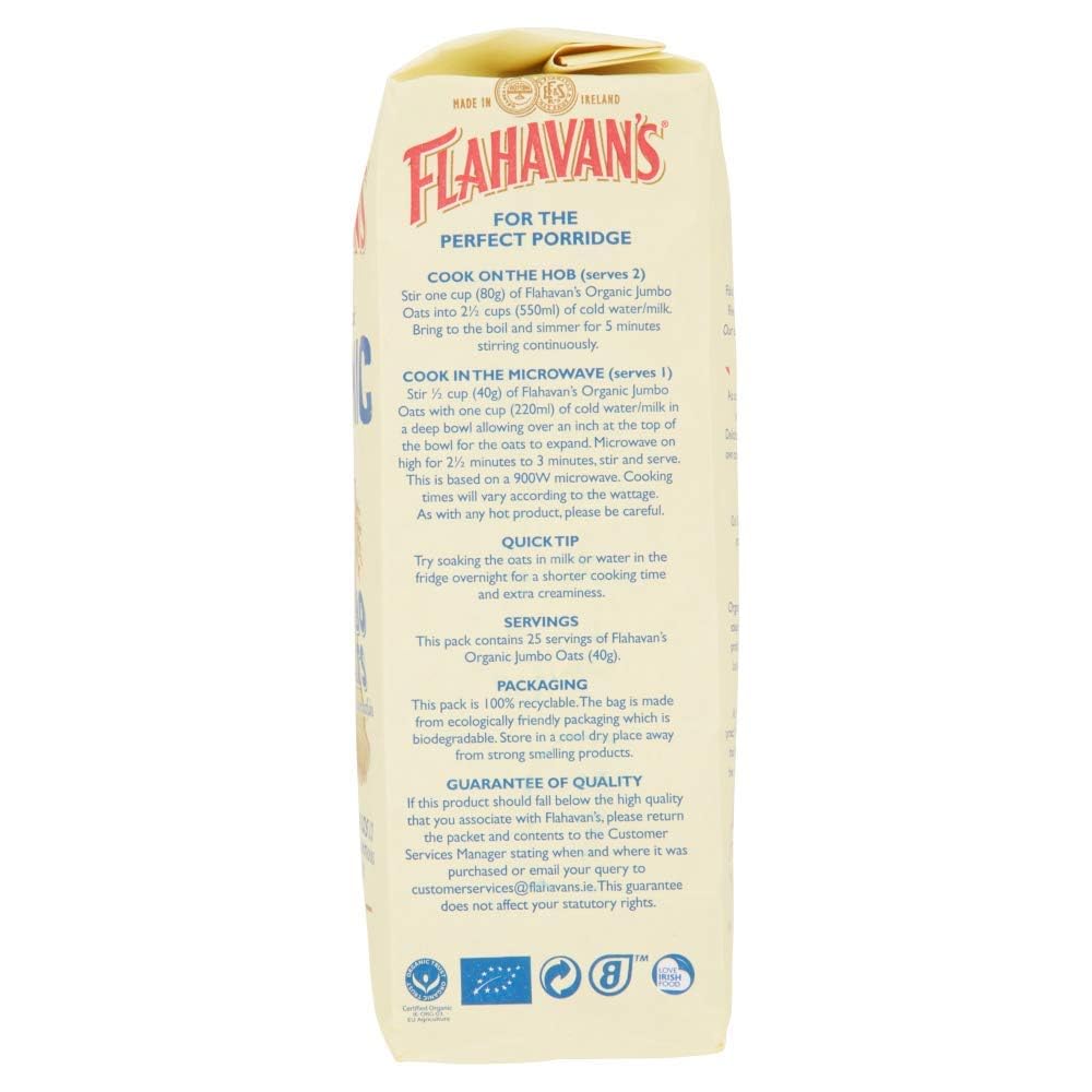 Organic Rolled Oats by Flahavan's | 100% Whole Grain Irish Oatmeal | Non-GMO, Gluten-Free Breakfast Cereal | 2.2 lb (1kg) Resealable Bag | Perfect for Overnight Oats, Baking & Healthy Porridge