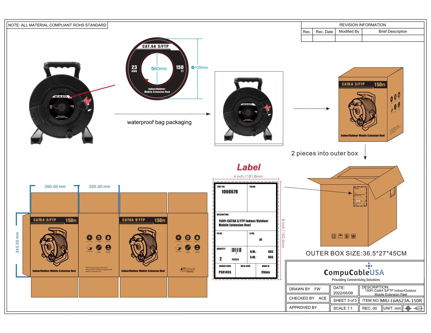 CAT.6A S/FTP IP67 Waterproof Ethernet Extension Reel F/F 150 FT - High Speed Network Cable for Outdoor/Industrial Use, Weatherproof LAN Connection for Harsh Environments