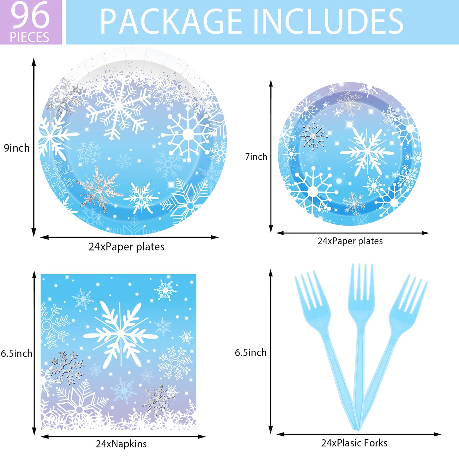 96 PCS Winter Snowflake Disposable Tableware Set - Christmas Paper Plates, Napkins, Forks for Frozen-Themed Birthday Party Decorations | Holiday Dinnerware for Winter Wonderland & Christmas Celebrations