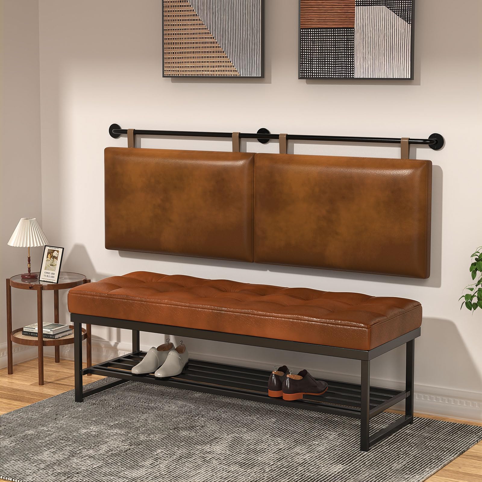 Industrial Pipe Queen Headboard - Brown Faux Leather Modern Bed Backboard | Space-Saving Hanging Design for Small Bedrooms & Studio Apartments