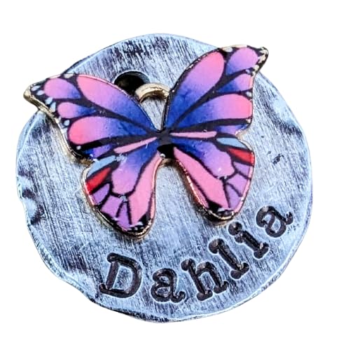 Custom Personalized Pet ID Tag - Hand Stamped Dog Collar Tag with Butterfly Design (1.25