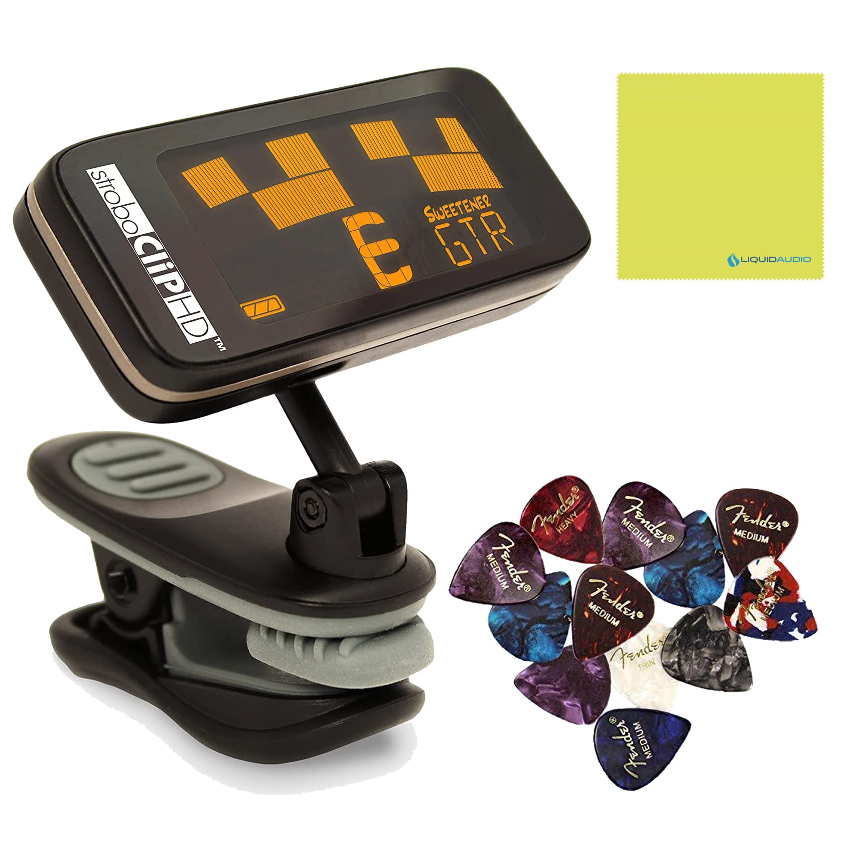 Peterson Clip Tuner StroboClip HD - Professional Clip-On Tuner for Guitar, Bass, Violin, Ukulele, Harp & Brass Instruments | Includes 12 Guitar Picks & Liquid Audio Polishing Cloth | Perfect for Live Performances, Studio Recording & Music Practice