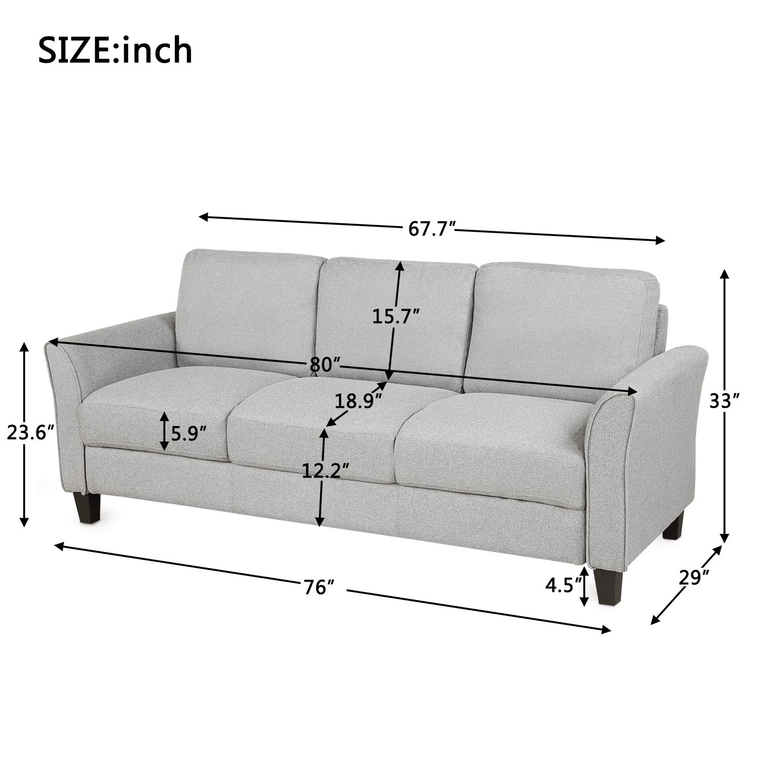Compact 3-Seater Linen Sofa for Small Spaces - Modern Grey, Black & Light Grey Couches for Living Room & Bedroom - Perfect for Apartments, Dorms & Cozy Home Decor