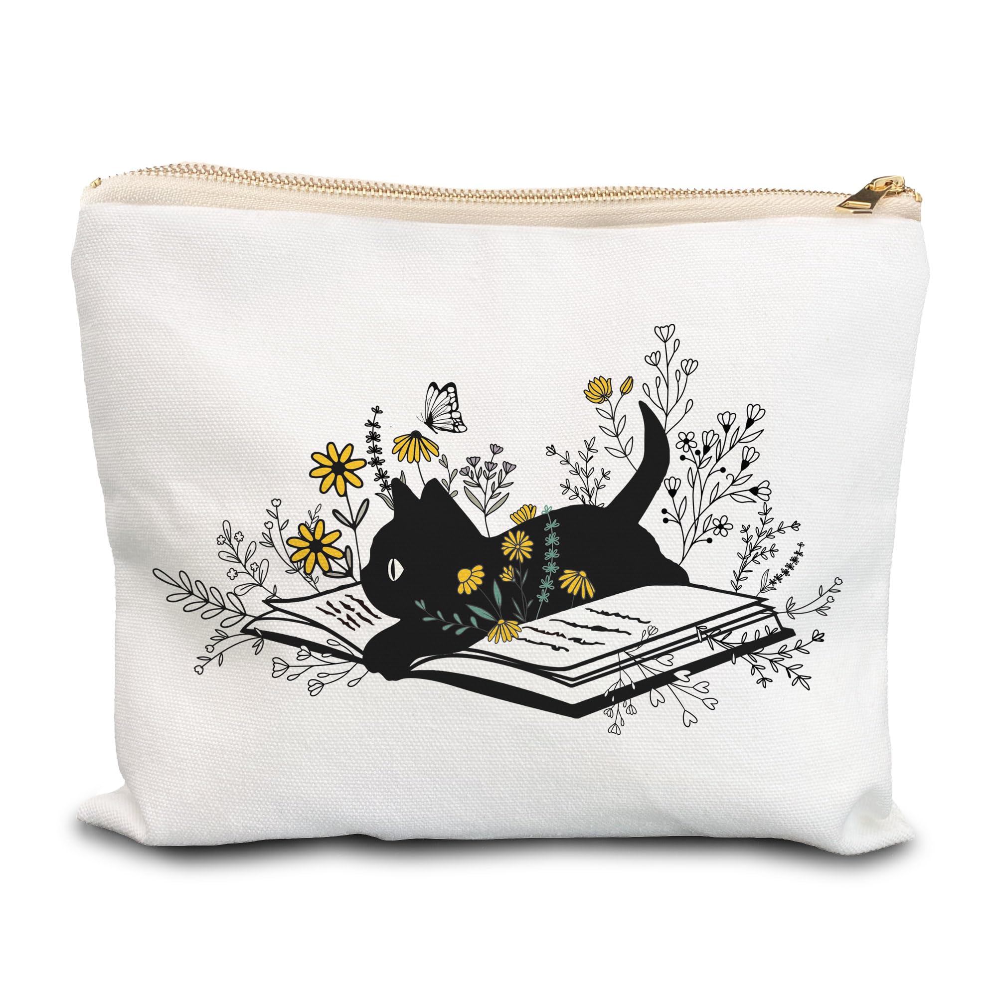 Black Cat Flowers Makeup Bag for Women - Cute Floral Cosmetic Pouch with Zipper, Perfect Gift for Cat Lovers & Book Lovers - Great for Travel, Daily Makeup Storage & Gift Giving