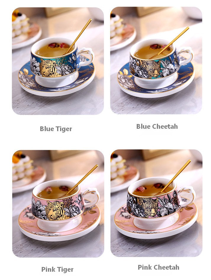 Handmade Ceramic Coffee Cups with Gold Trim - Jungle Tiger & Cheetah Print Porcelain Tea Cups with Saucers - Elegant Gift Box Included - Perfect for Home, Office & Cafe Use