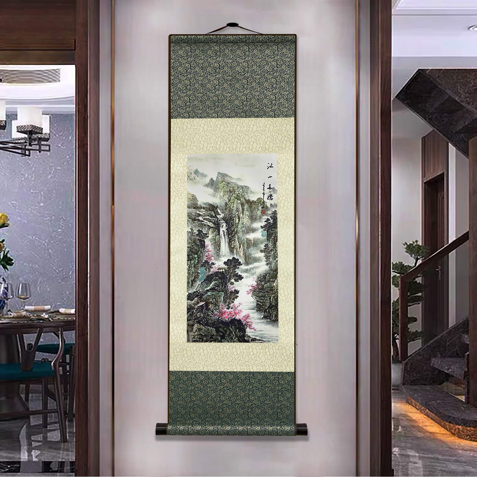 FOVNOT Chinese Landscape Silk Scroll Painting - Asian Home Decor, Vertical Wall Art for Living Room & Bedroom | Traditional Oriental Hanging Decor for Zen Meditation & Cultural Ambiance