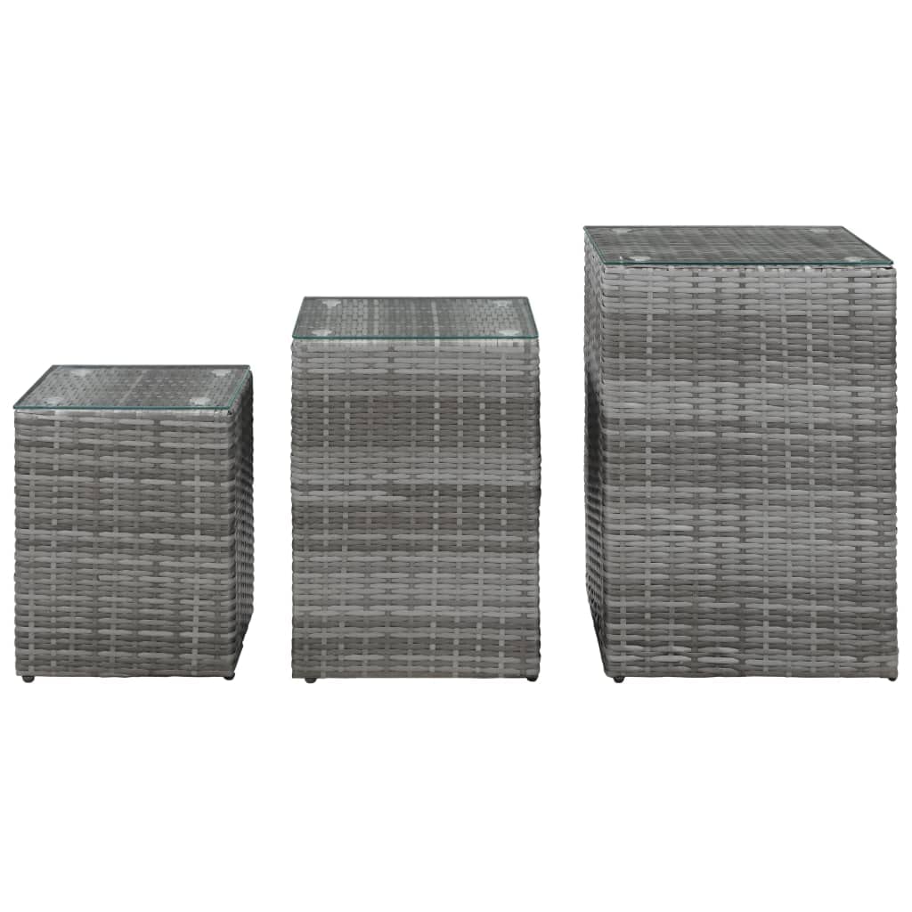 CHARMMA 3-Piece Gray Rattan Side Table Set with Tempered Glass Top - 13.8