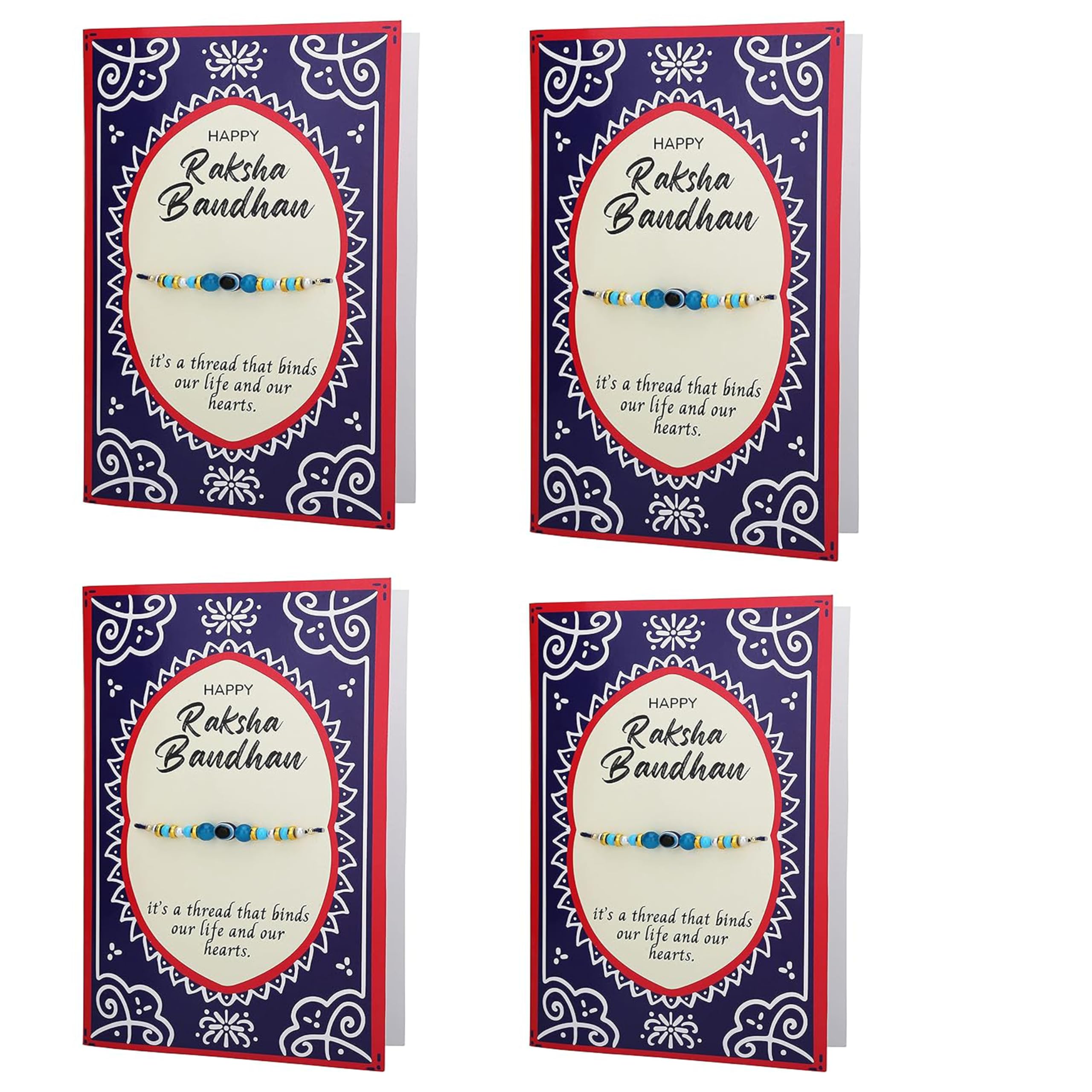 Khillayox Rakhi for Brother with Greeting Card Gift Set - Pack of 4 | Traditional Raksha Bandhan Bracelet with Roli Chawal | Perfect Brother/Bhaiyya/Bhai Gift for Rakhi Festival Celebrations