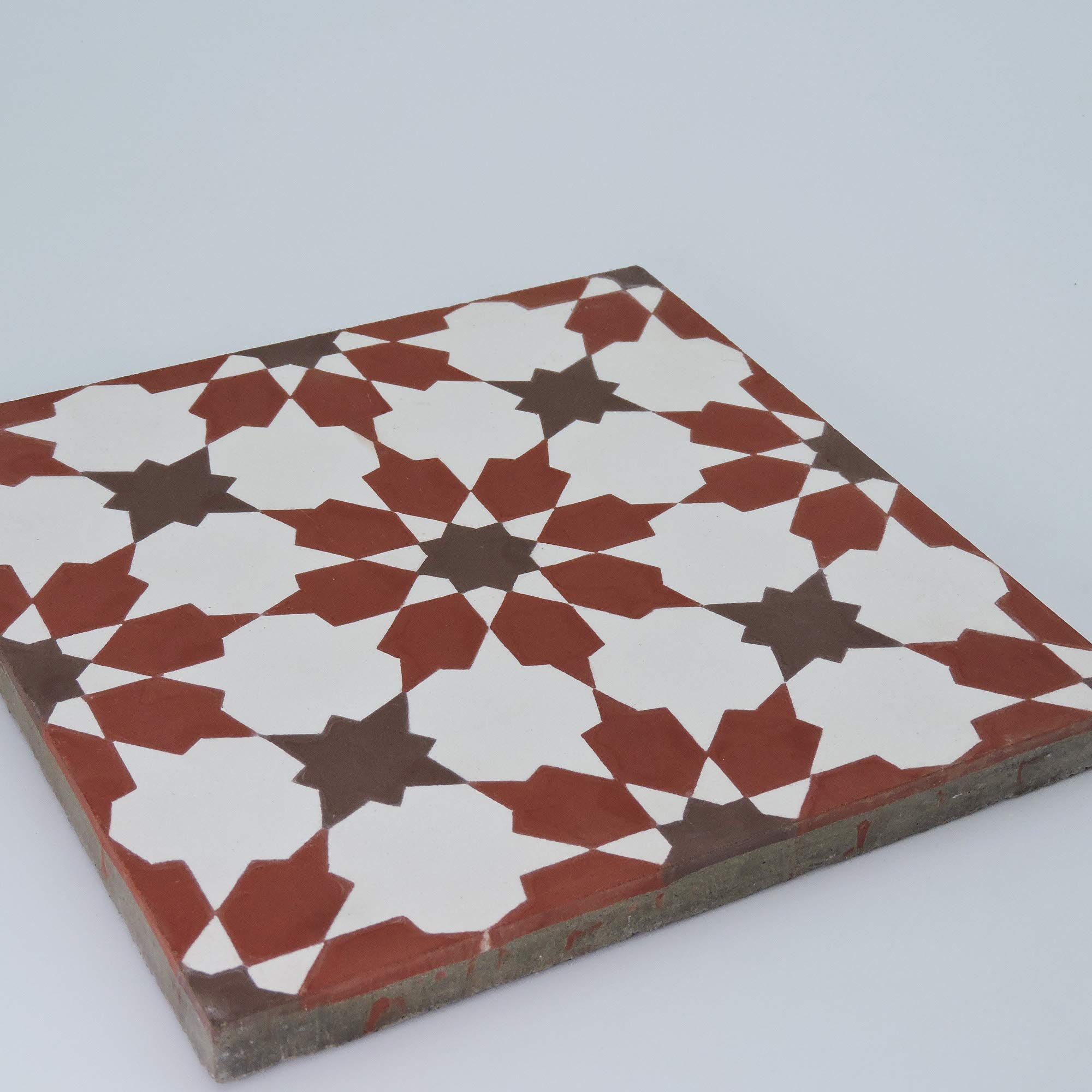 Handmade Moroccan Cement Mosaic Tile - Pack of 12 (Red, Brown, White) - Authentic Ahfir Design for Kitchen Backsplash, Bathroom Floor & Mediterranean Home Decor