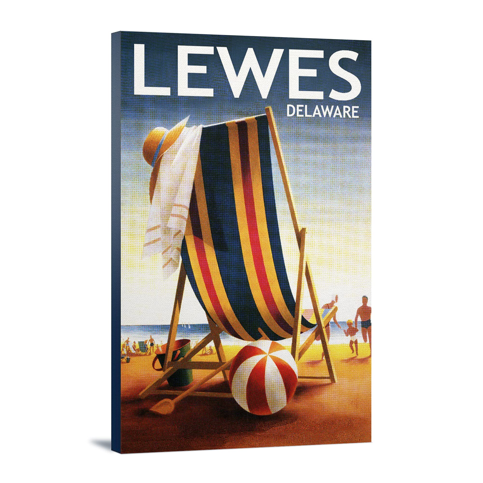 Lewes Delaware Beach Chair and Ball Art Print - 24x36 Gallery Wrapped Canvas Wall Decor for Coastal Home, Office, or Beach House