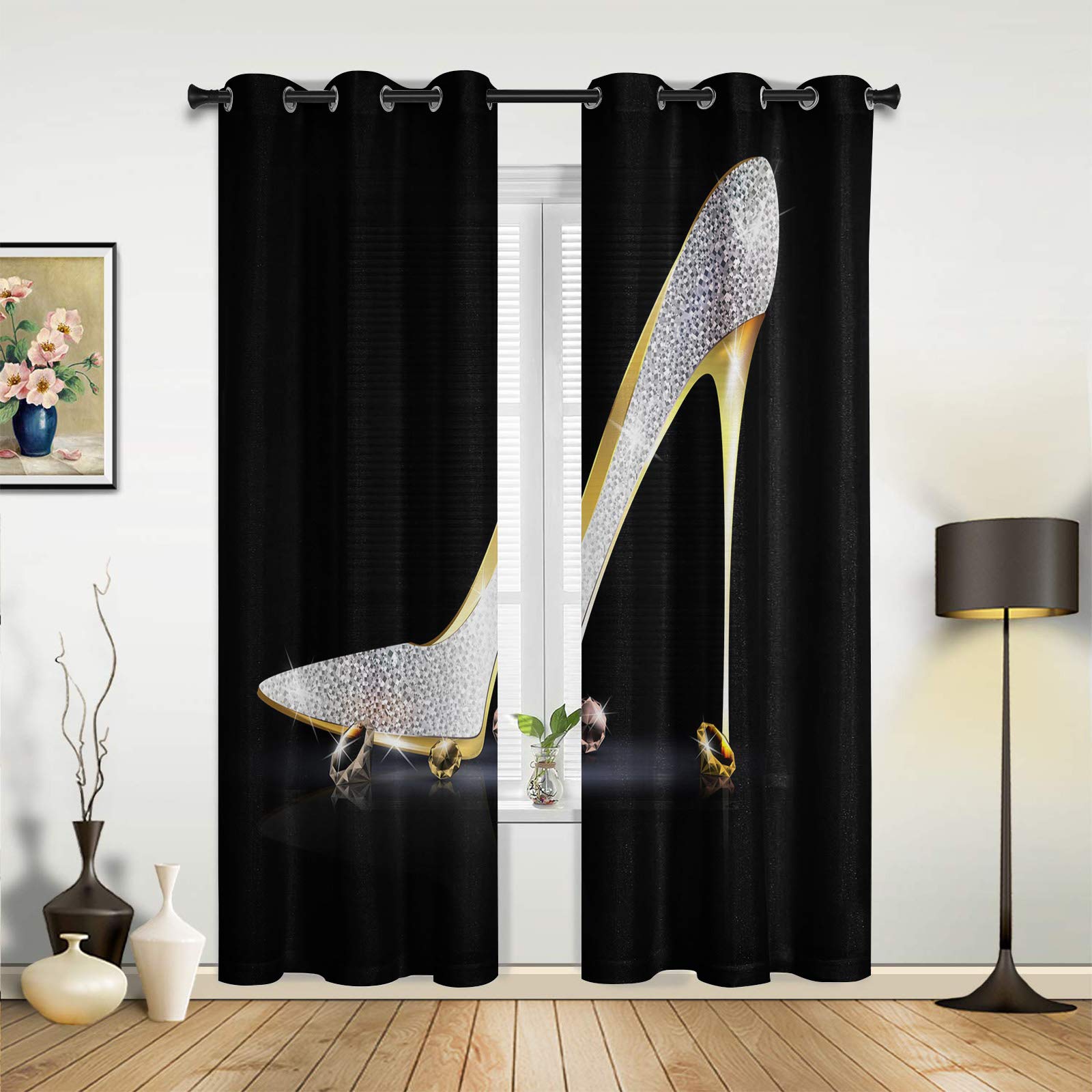 Elegant Black Diamond High Heel Sheer Curtains with Gems - Grommet Top Window Drapes for Bedroom & Living Room - Set of 2 Panels 40x63 Inches - Light Filtering Airy Window Treatment for Elegant Home Decor & Party Theme Decorations