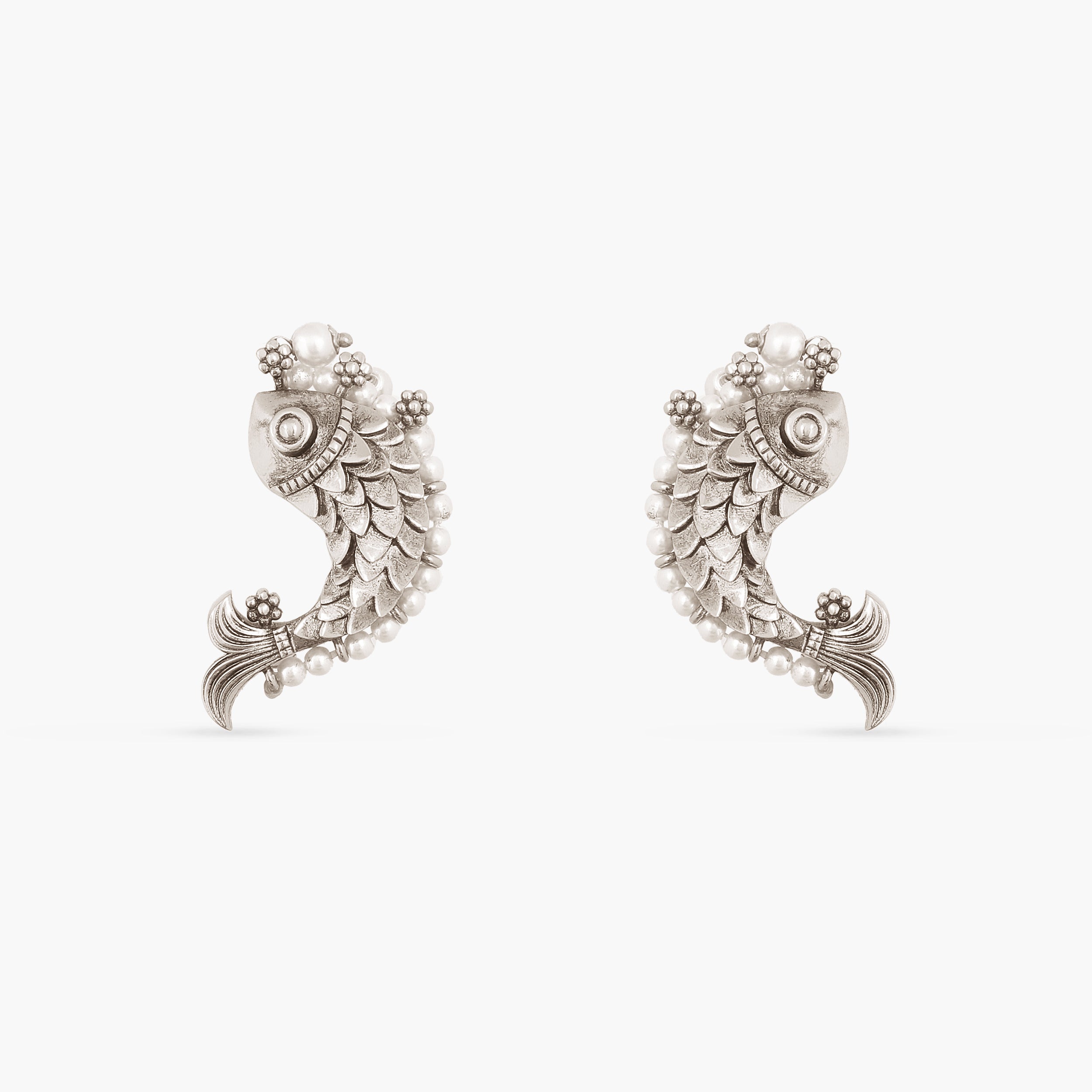 Vintage Fish and Pearl Oxidized Silver Earrings for Women - Boho Chic Jewelry for Parties, Weddings & Everyday Wear